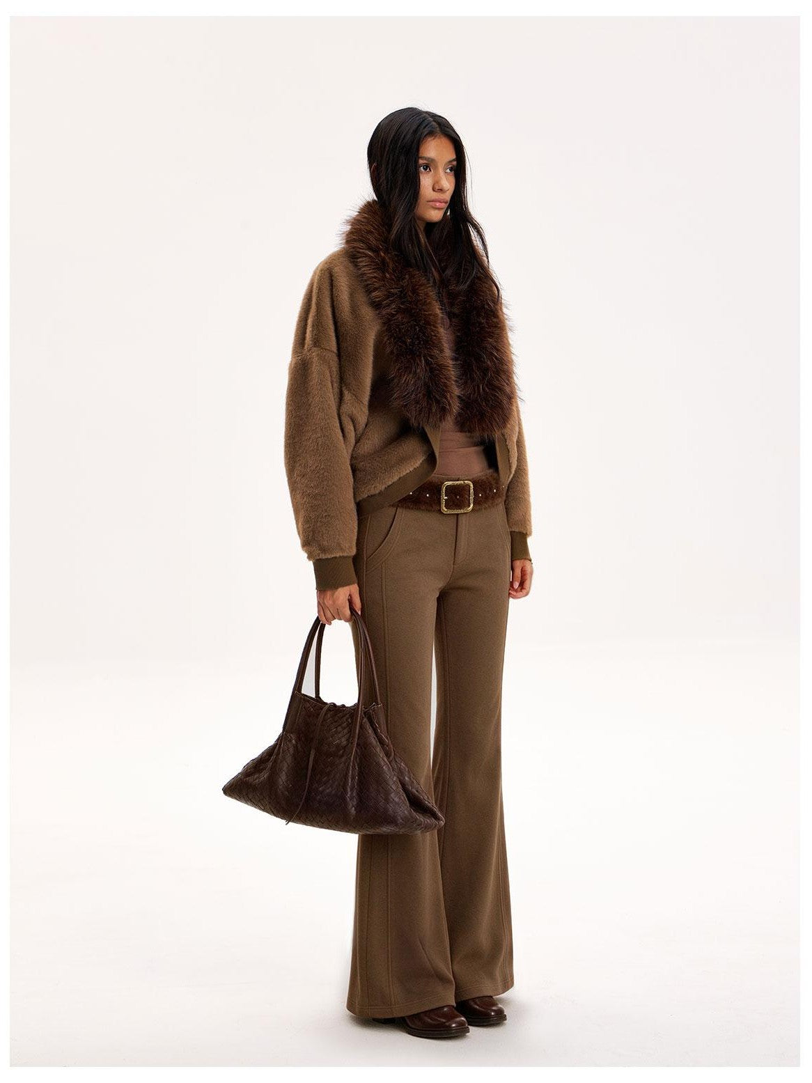 The NeverMore Reversible Faux Fur Trim Cropped Cardigan High Waist Flared Pants Women&