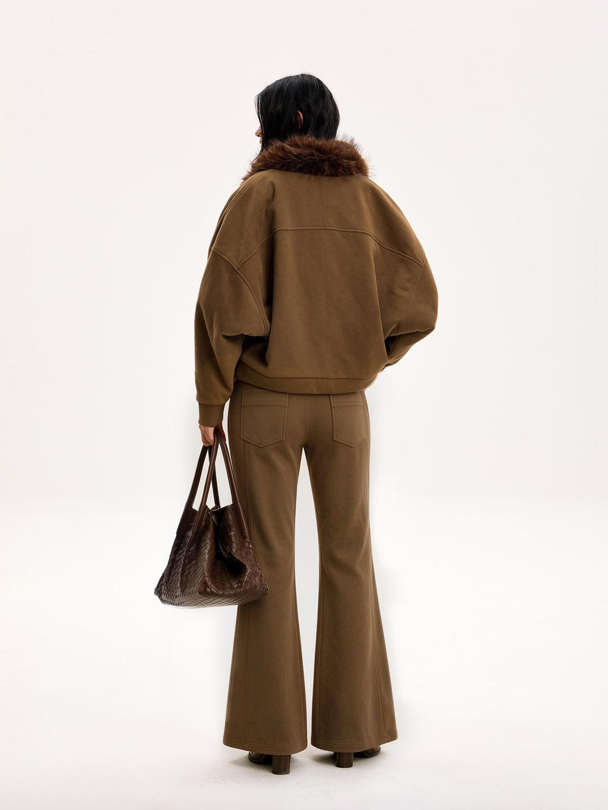 The NeverMore Reversible Faux Fur Trim Cropped Cardigan High Waist Flared Pants Women&