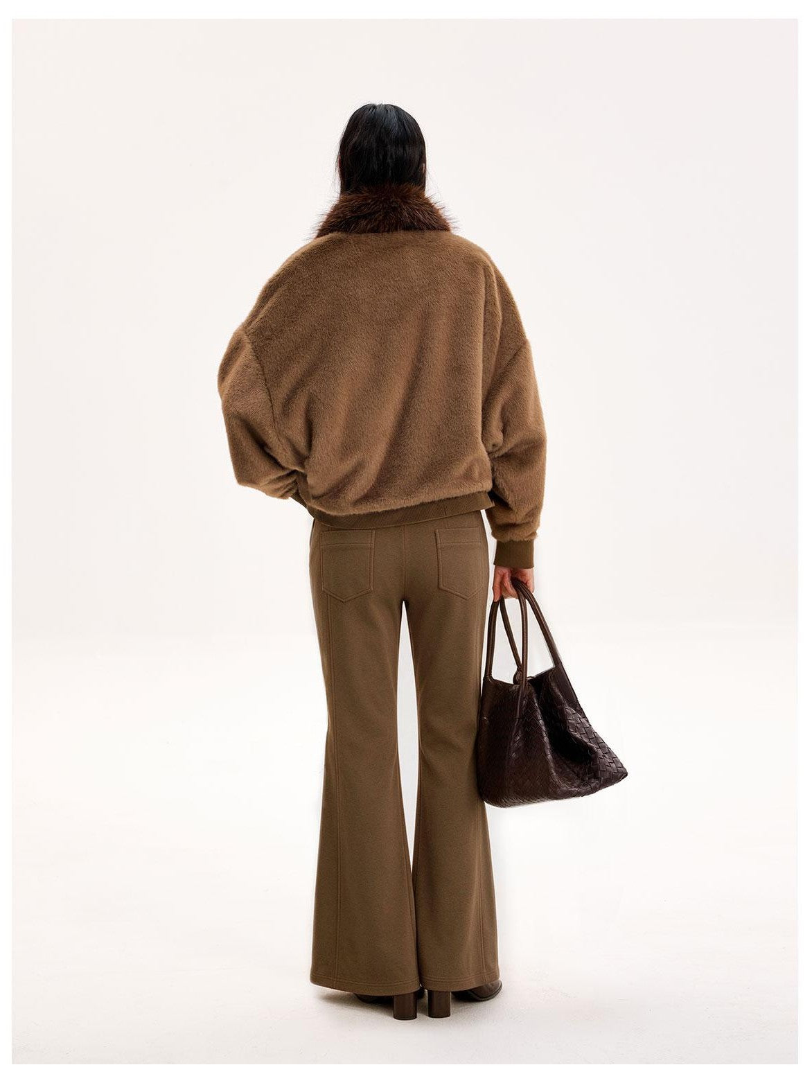 The NeverMore Reversible Faux Fur Trim Cropped Cardigan High Waist Flared Pants Women&