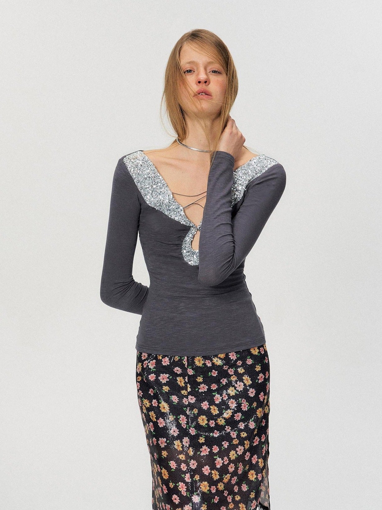 The NeverMore Sequin V-neck Slim Tie Front Sexy Rayon Champagne Long Sleeve T-Shirts