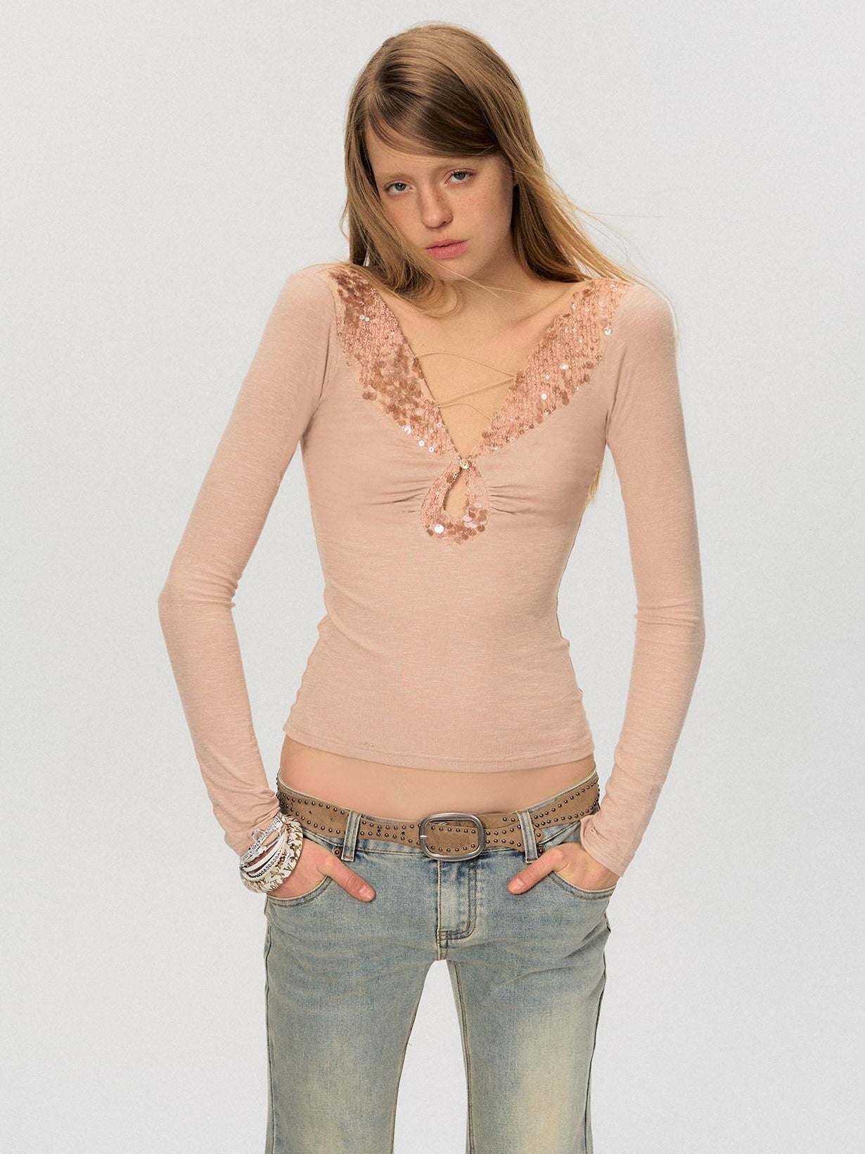 The NeverMore Sequin V-neck Slim Tie Front Sexy Rayon Champagne Long Sleeve T-Shirts