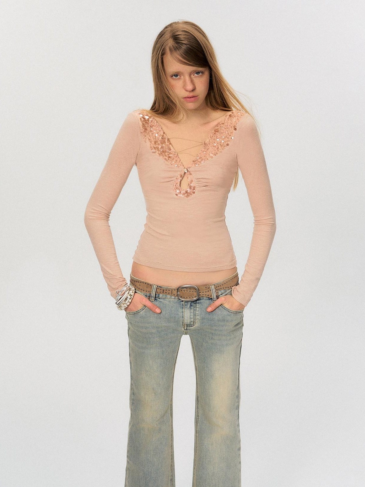 The NeverMore Sequin V-neck Slim Tie Front Sexy Rayon Champagne Long Sleeve T-Shirts