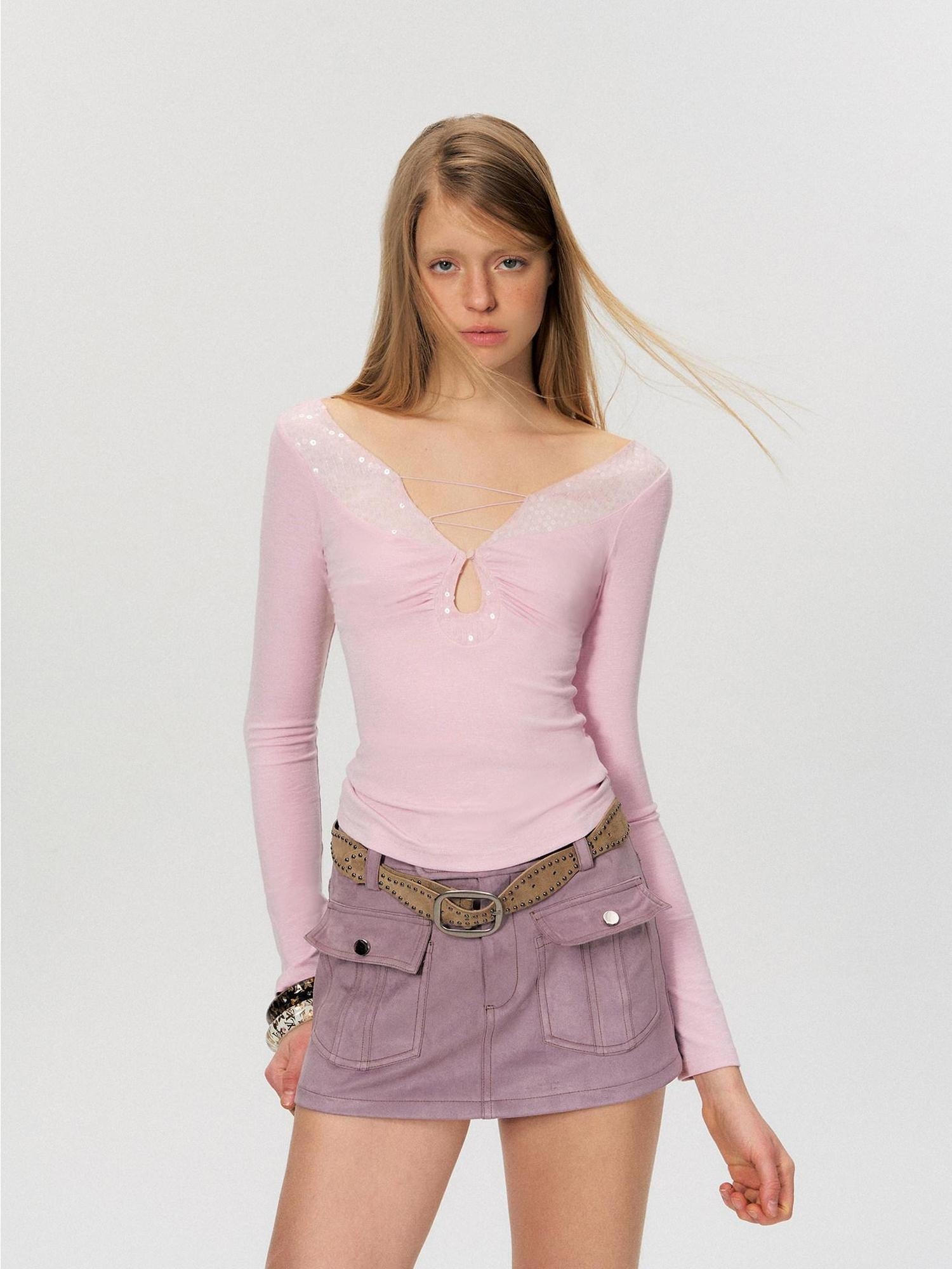 The NeverMore Sequin V-neck Slim Tie Front Sexy Rayon Champagne Long Sleeve T-Shirts