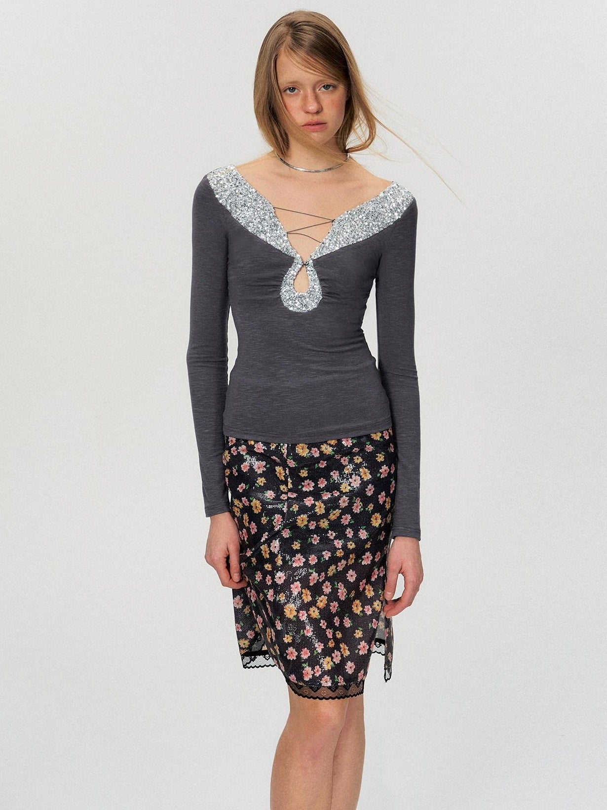 The NeverMore Sequin V-neck Slim Tie Front Sexy Rayon Champagne Long Sleeve T-Shirts