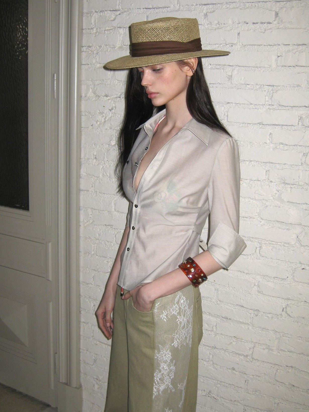 The NeverMore Sheer Vintage Utility Cinched Waist Mid Sleeve Women&