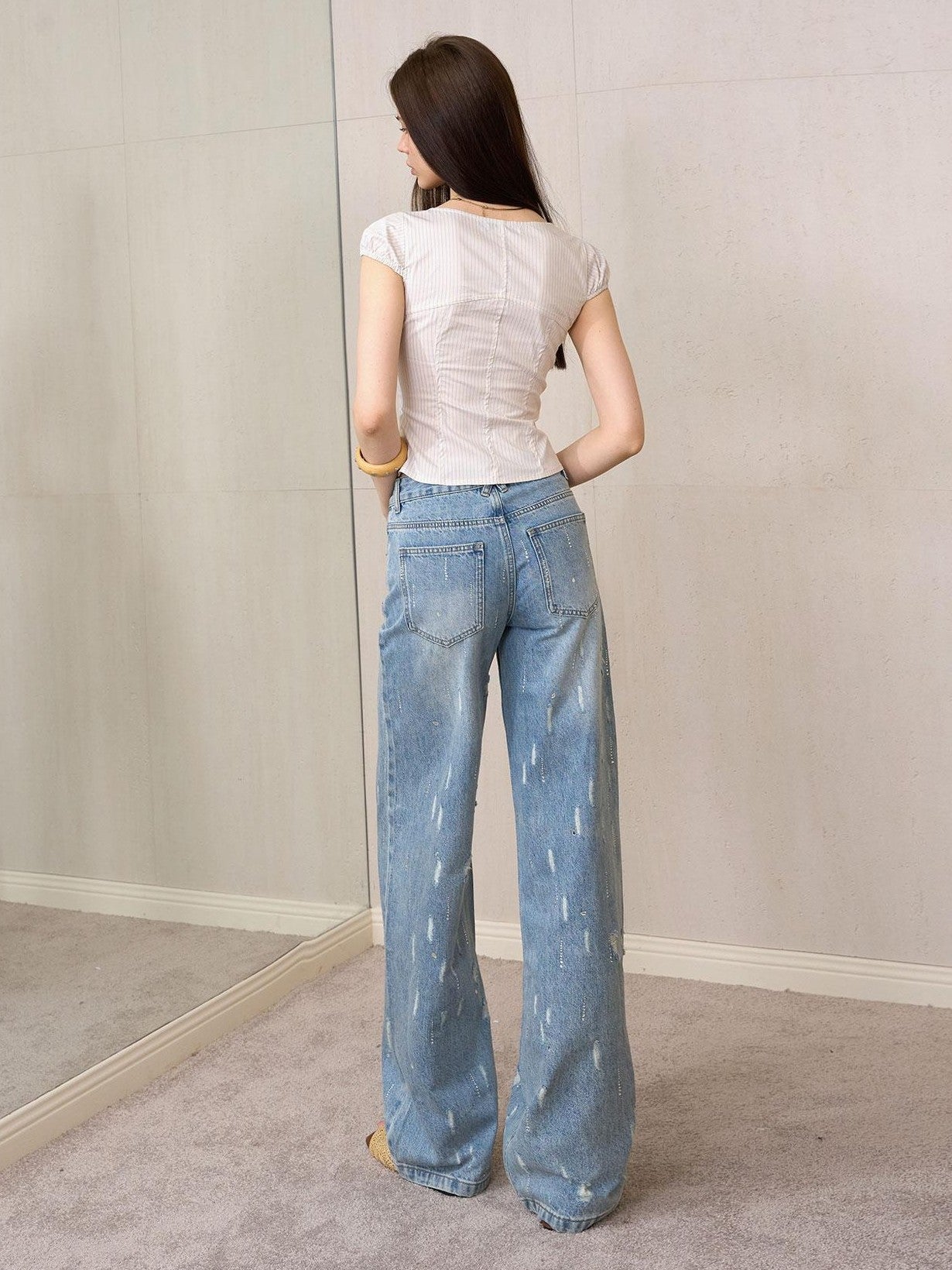 The NeverMore Striped Square Neck Puff Sleeve Slim Women&