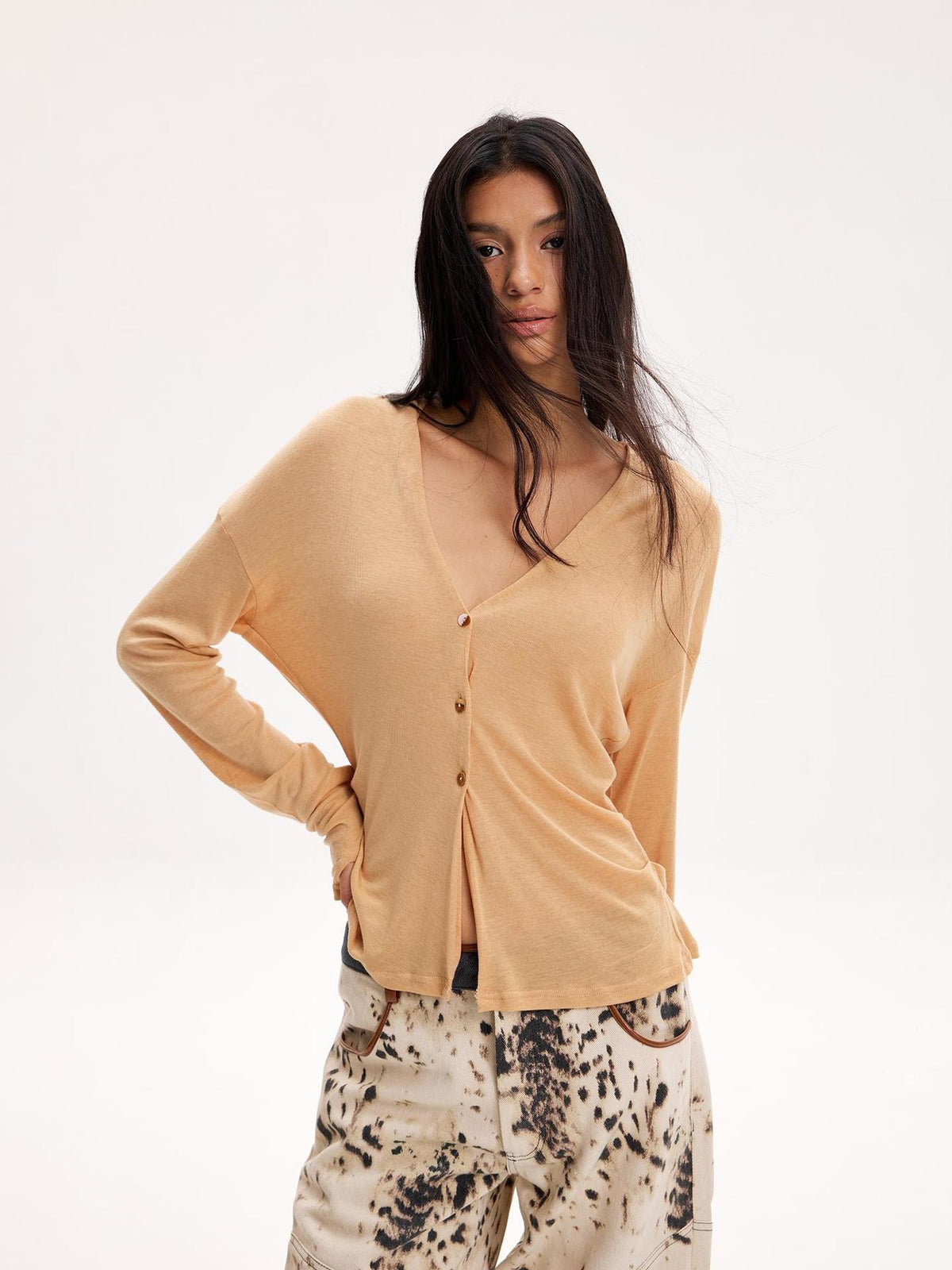 The NeverMore V-neck Lightweight Loose Long Sleeve Tencel Wool Women&