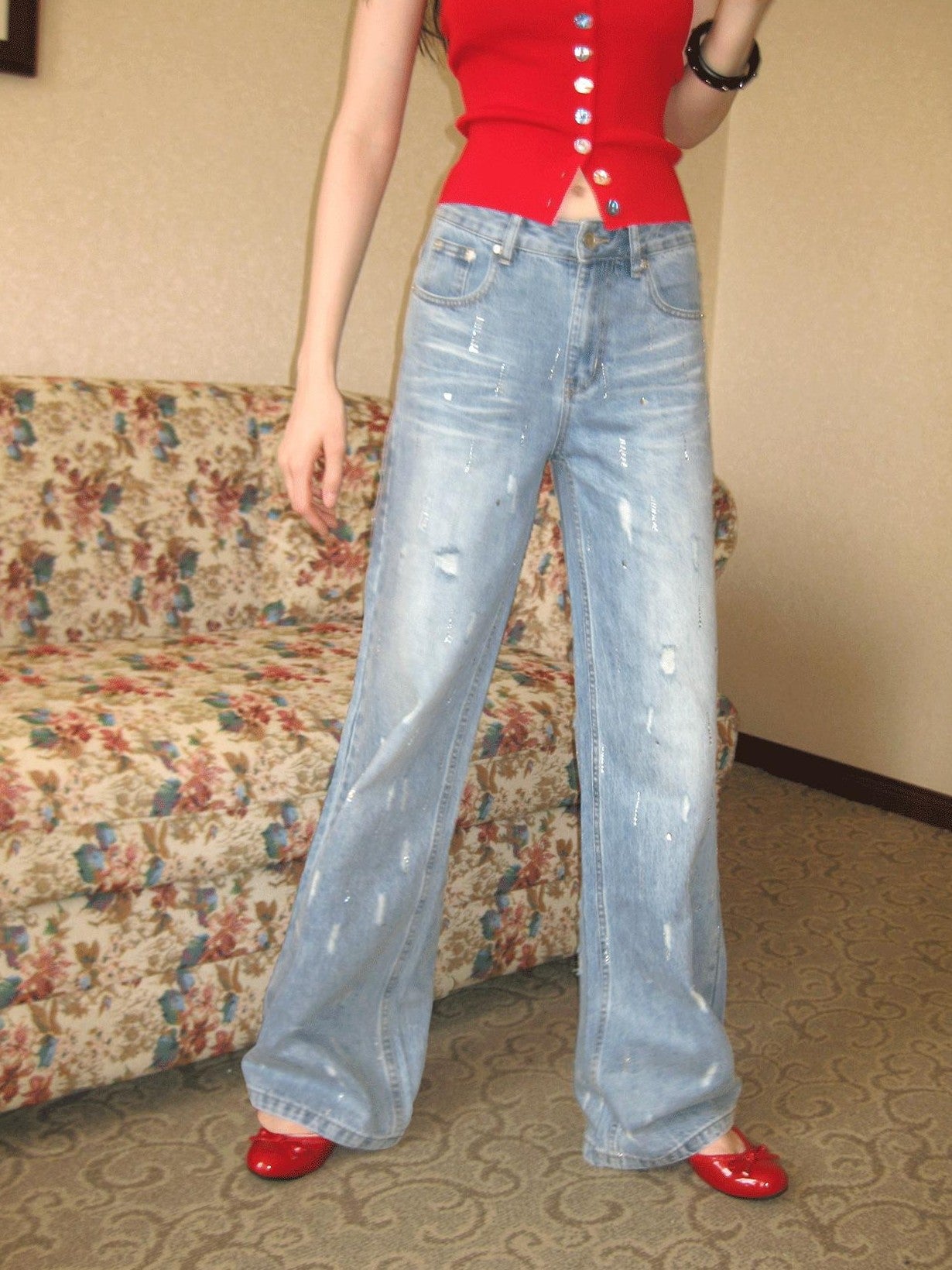 The NeverMore Washed Blue Rhinestone Distressed Women&