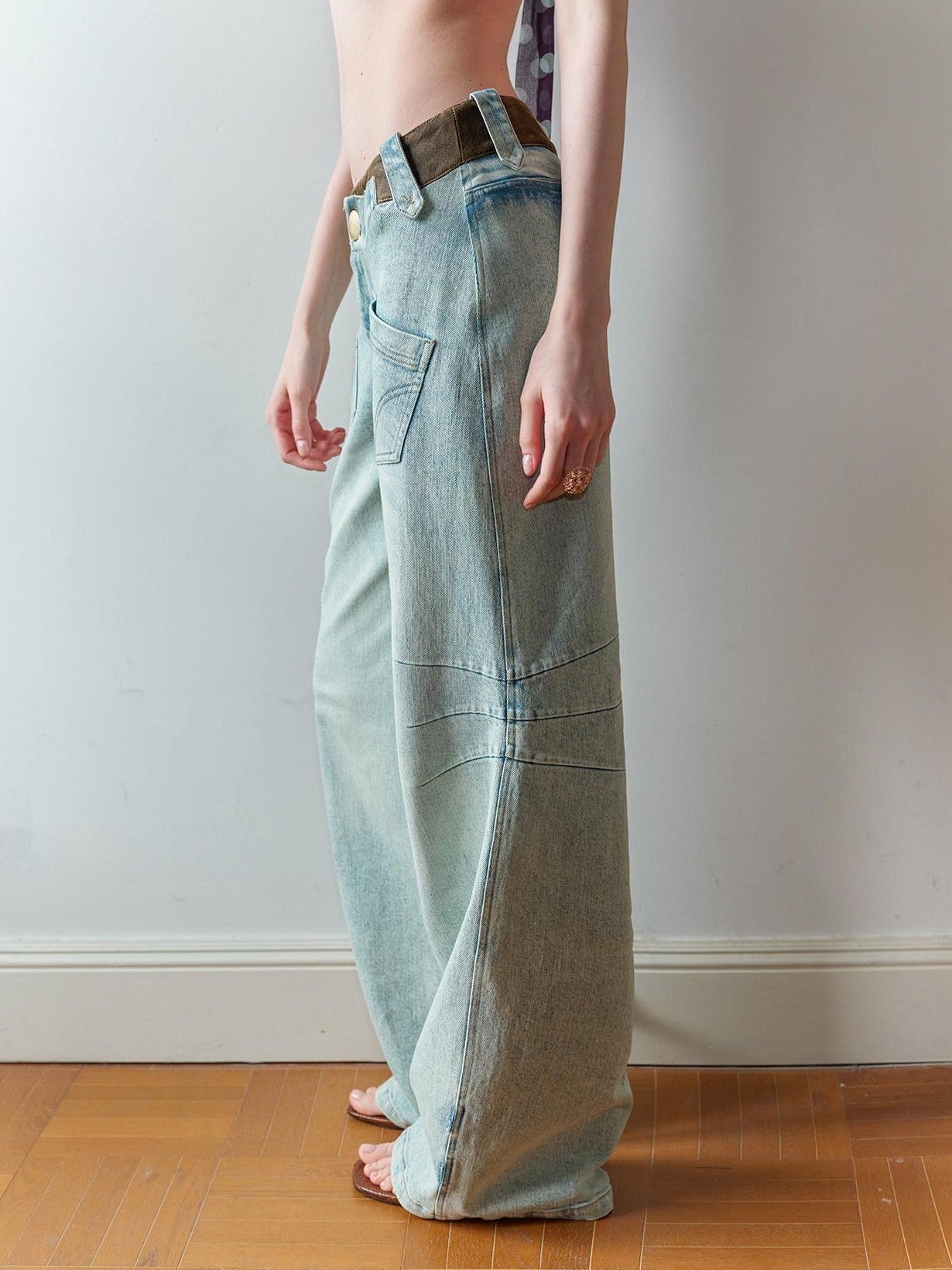 The NeverMore Washed Blue Suede Patch Spliced V Waist Pocket Women&