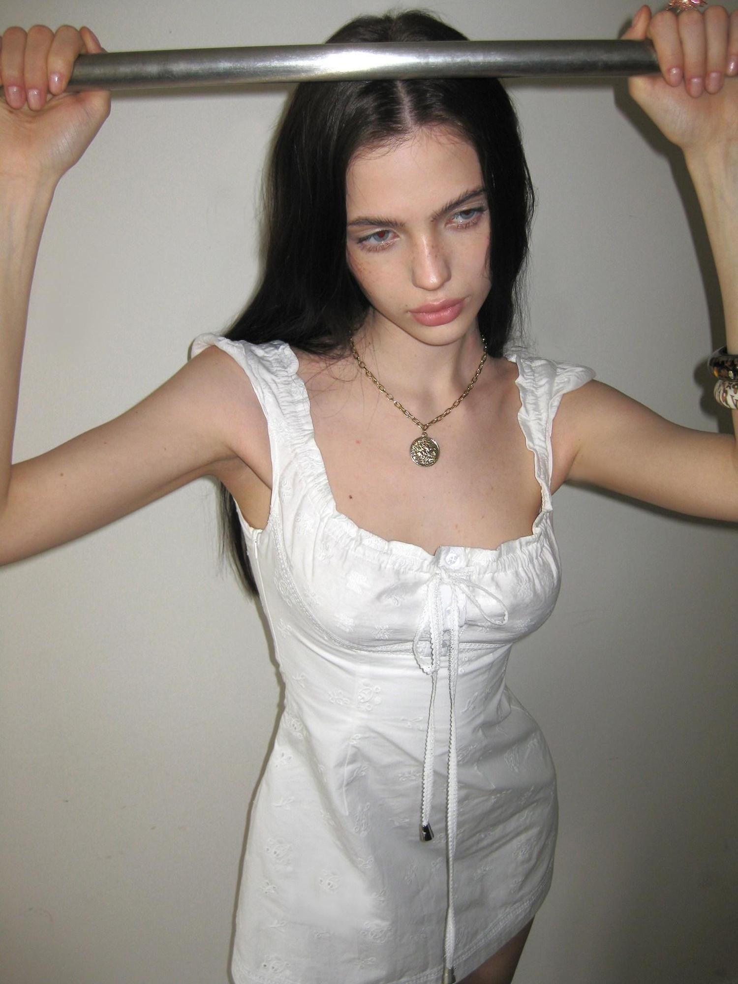 The NeverMore White Tie Waist Square Neck Eyelet A Line Women&