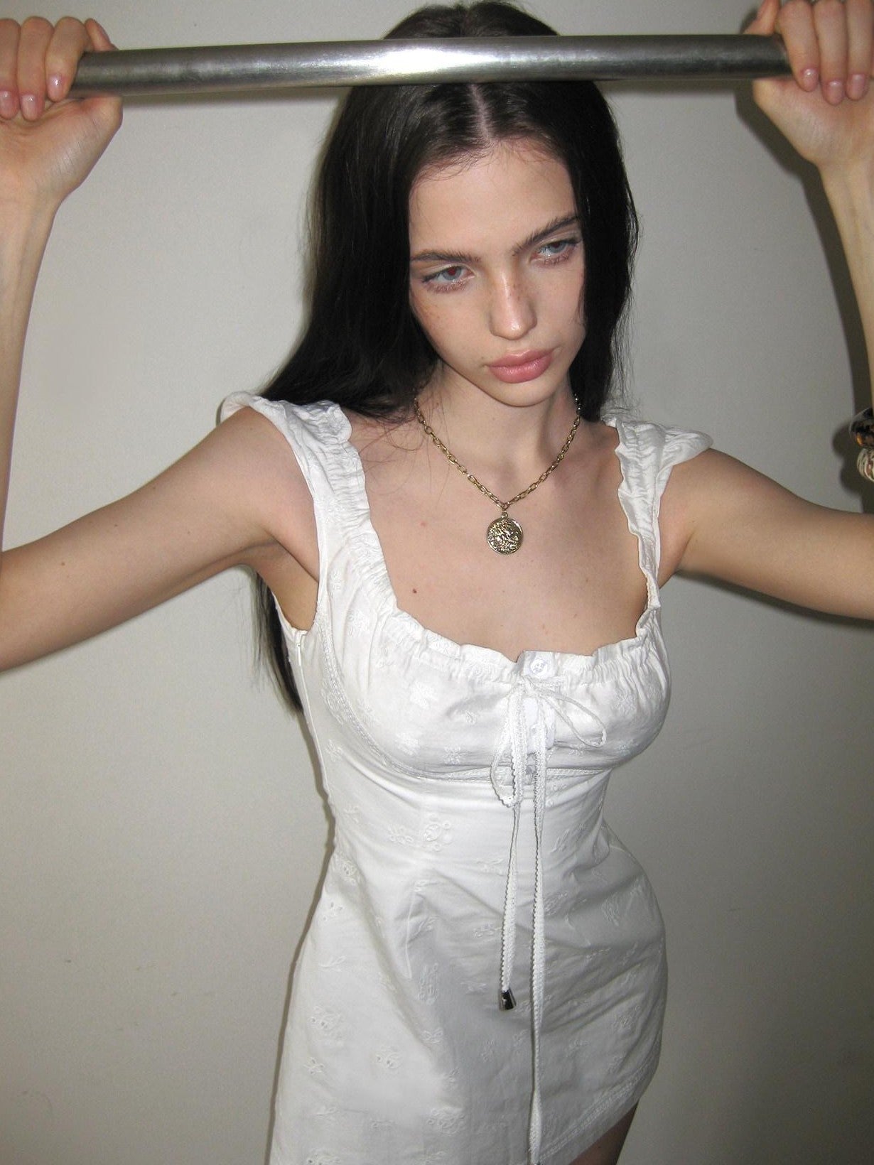 The NeverMore White Tie Waist Square Neck Eyelet A Line Women&