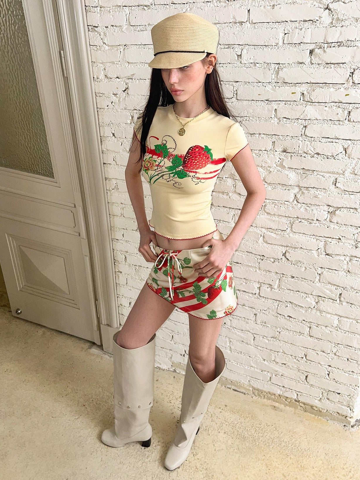 The NeverMore Yellow Rhinestone Print Slim Cropped Women&