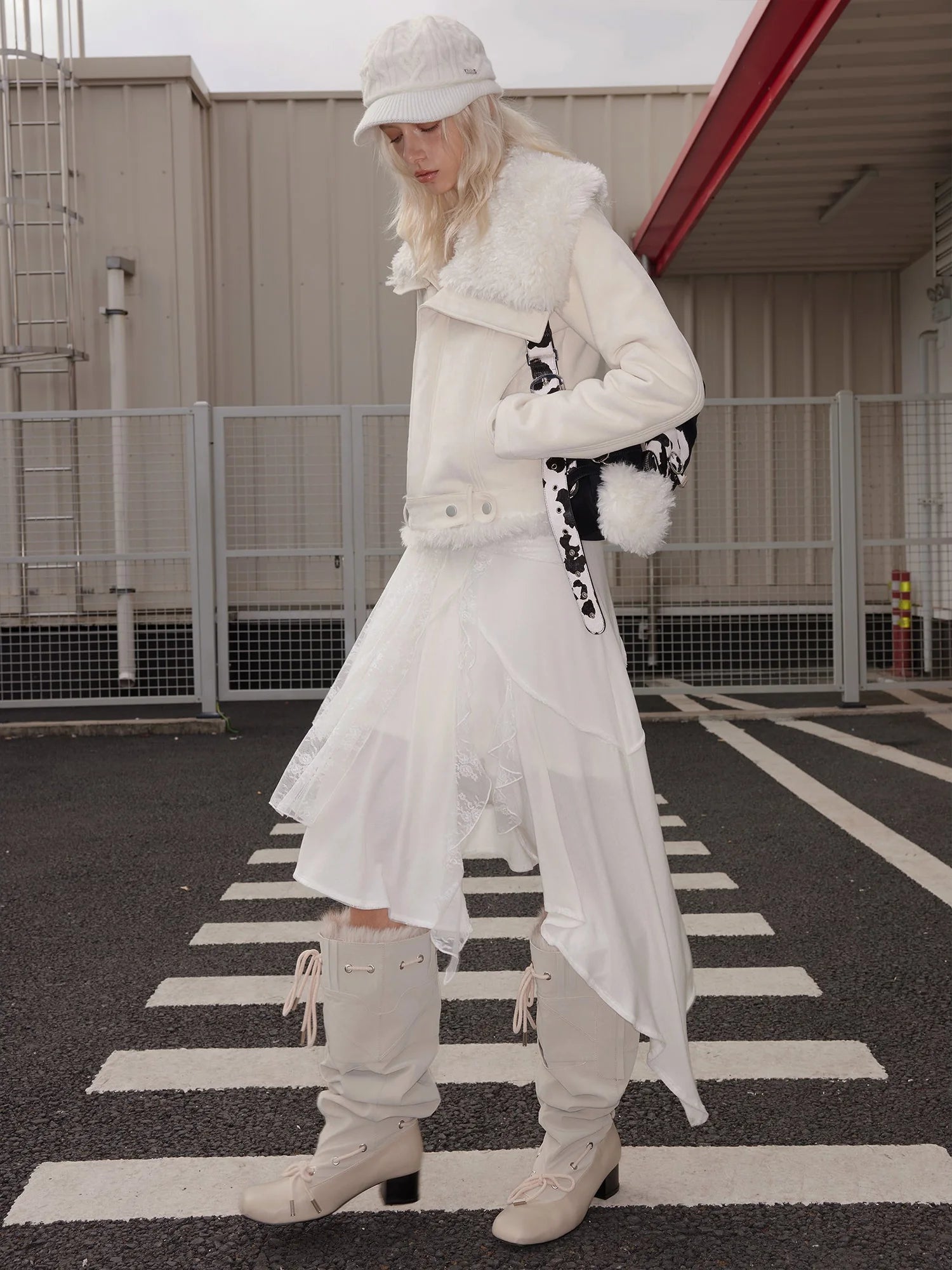 Wool Lace Tie Waist Asymmetric Knit Skirt