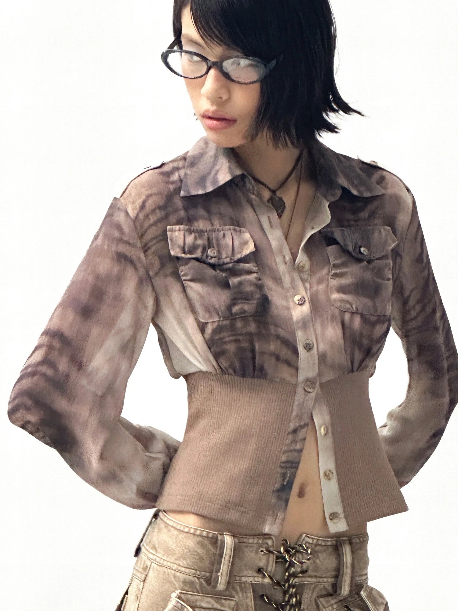 Tiger Print Slim Tie Dye Chiffon Long Sleeve Shirt