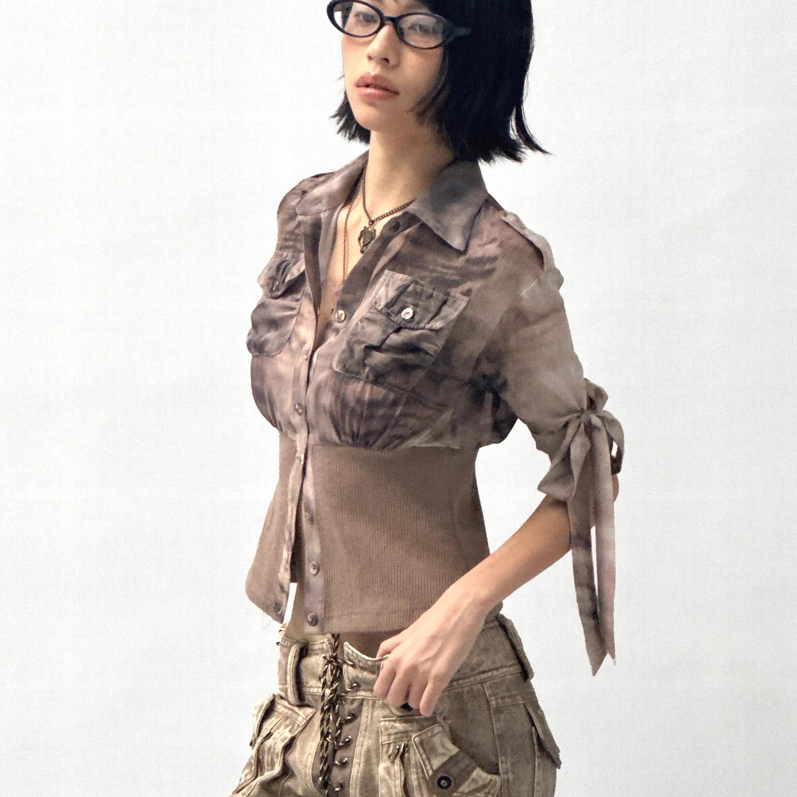 Flowers birds Market Tiger Print Slim Tie Dye Chiffon Long Sleeve Shirt