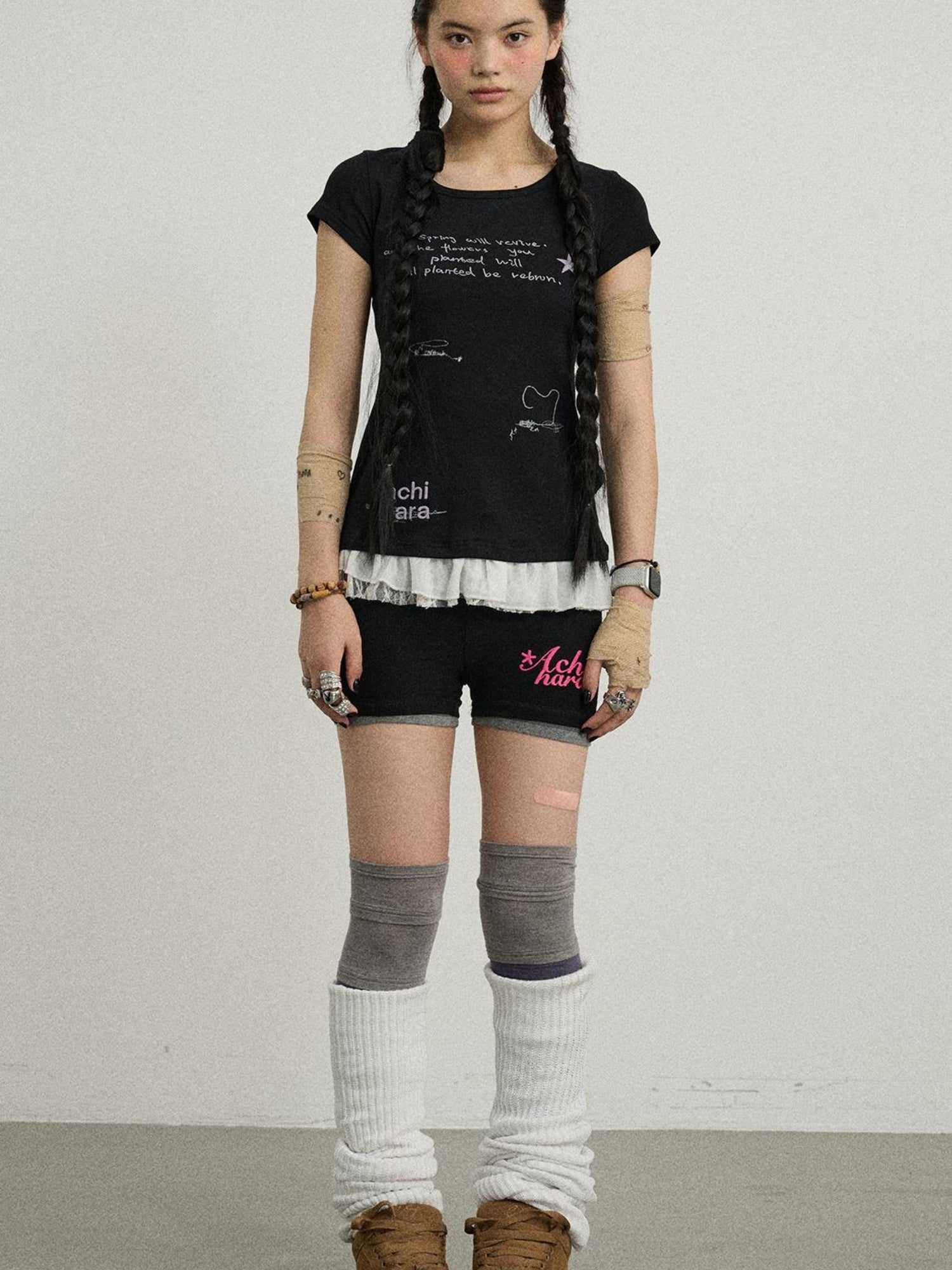 Achihara Time Bandage Lace Short Sleeve T-Shirt