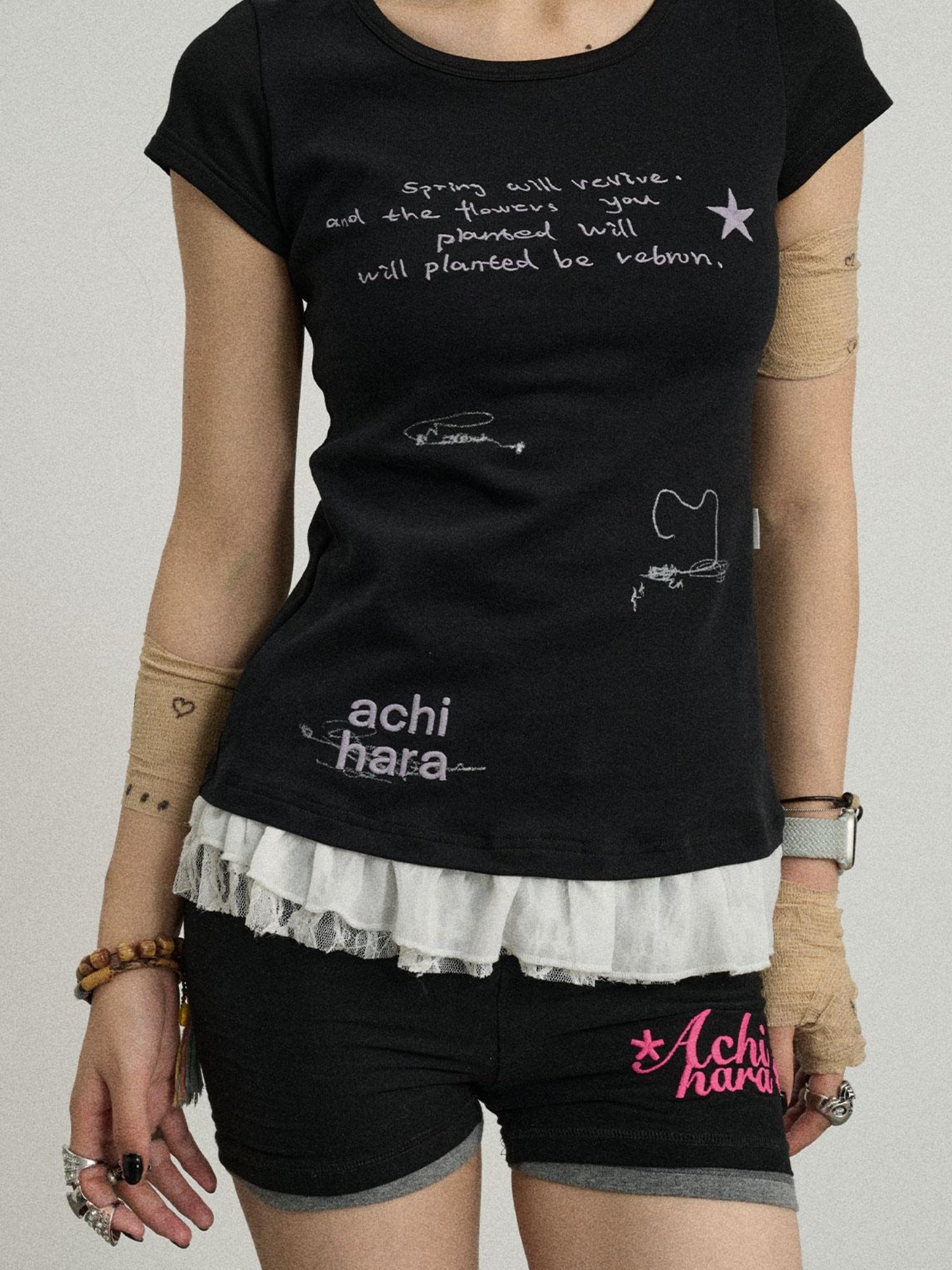 Achihara Time Bandage Lace Short Sleeve T-Shirt