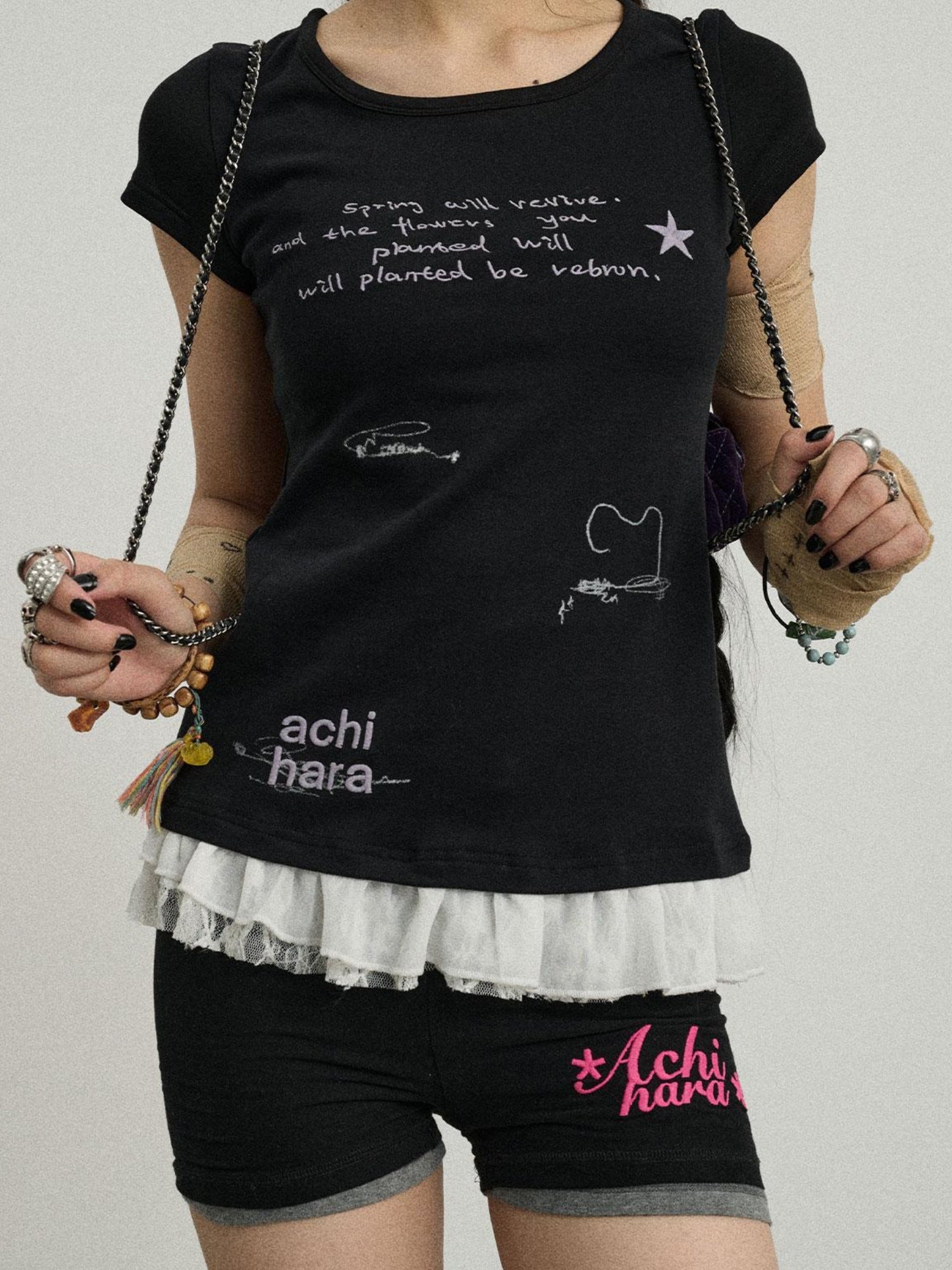 Achihara Time Bandage Lace Short Sleeve T-Shirt