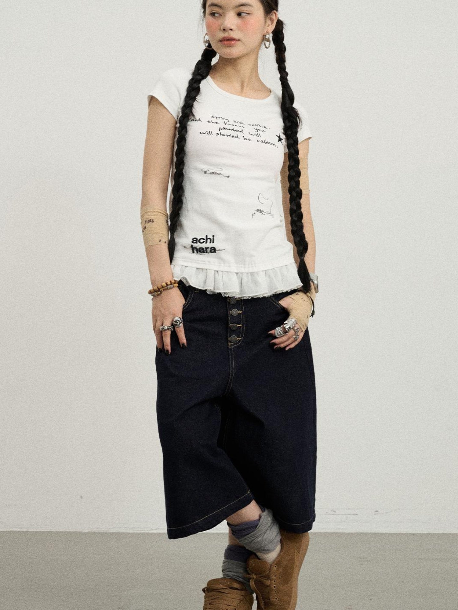 Achihara Time Bandage Lace Short Sleeve T-Shirt