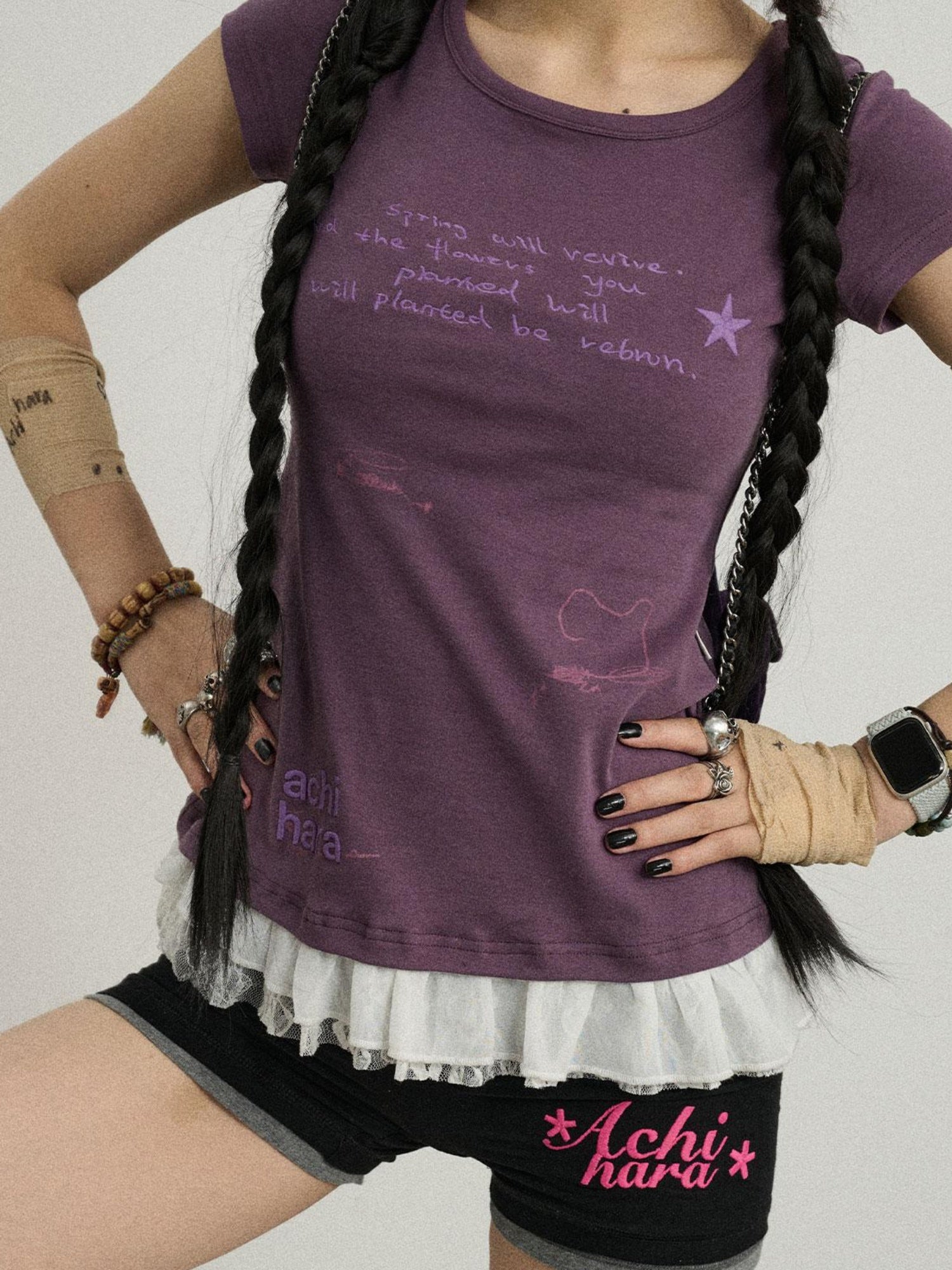 Achihara Time Bandage Lace Short Sleeve T-Shirt
