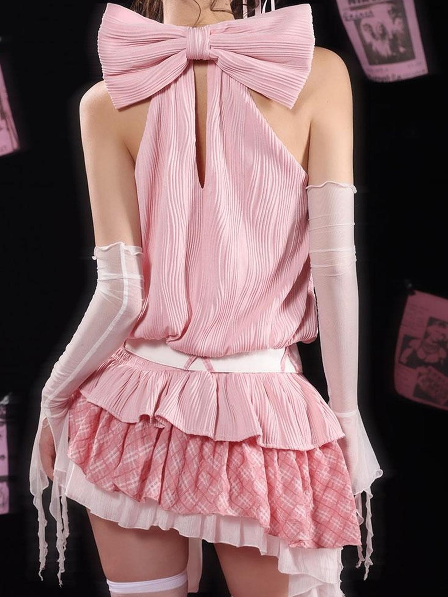WSW WUSHENWU Tom Dream Cat Pink Lace Bow Tie Bustier Dress