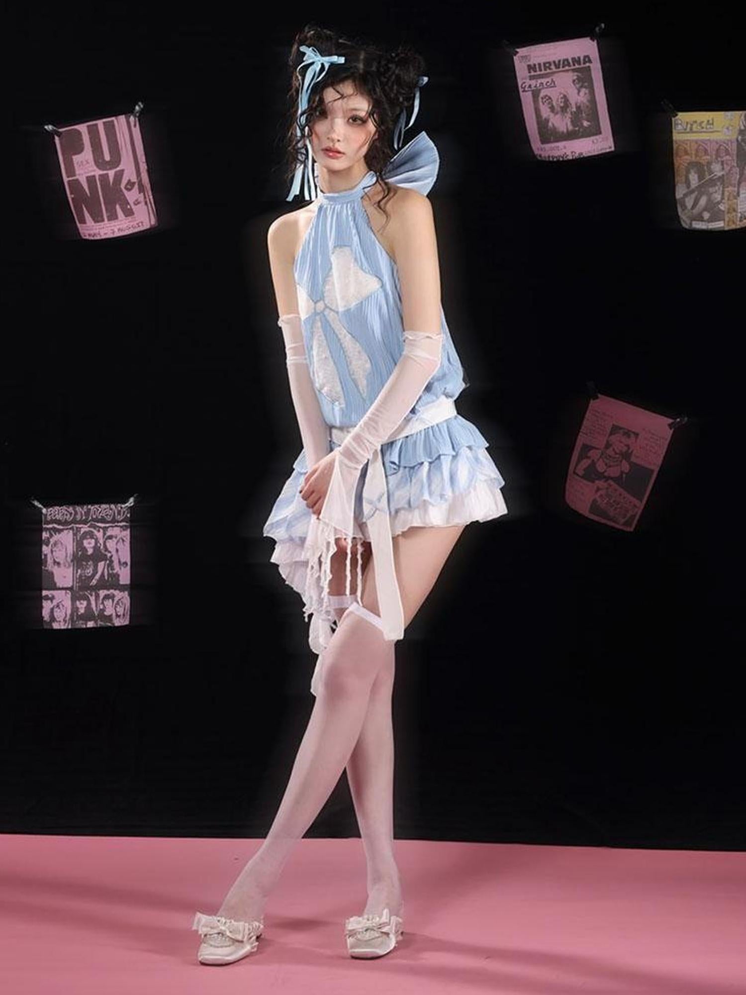 WSW WUSHENWU Tom S Dreamy Blue Bow Trim Lace Sundress