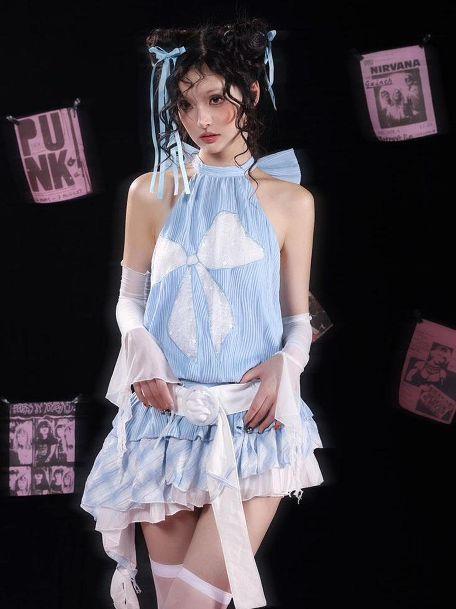 WSW WUSHENWU Tom S Dreamy Blue Bow Trim Lace Sundress