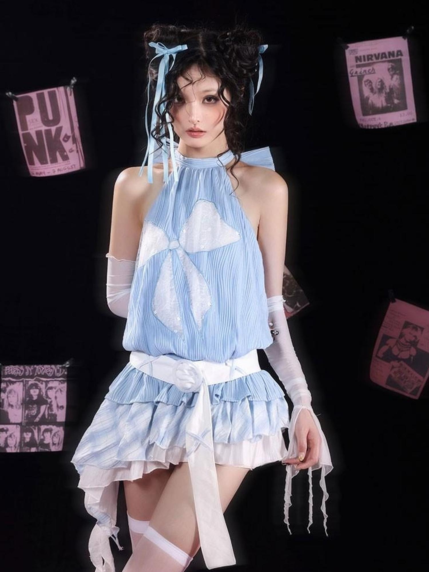 WSW WUSHENWU Tom S Dreamy Blue Bow Trim Lace Sundress