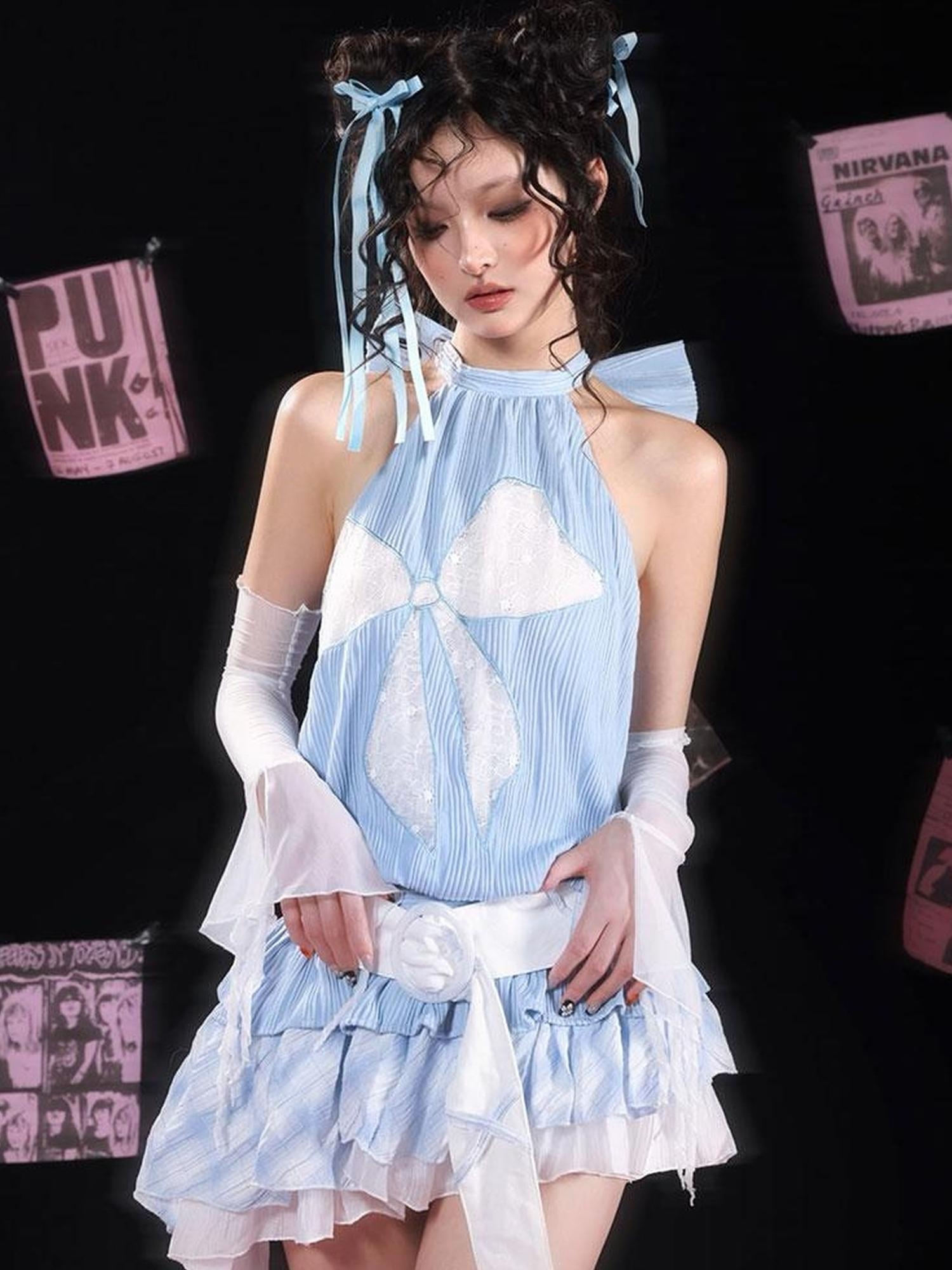 WSW WUSHENWU Tom S Dreamy Blue Bow Trim Lace Sundress