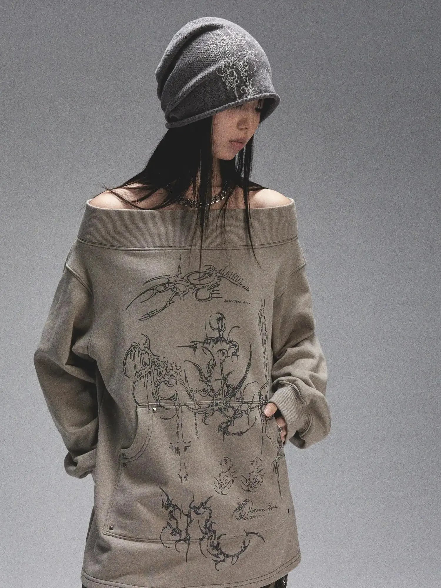 Tri Color Printed Knit Rolled Brim Slouchy Beanie