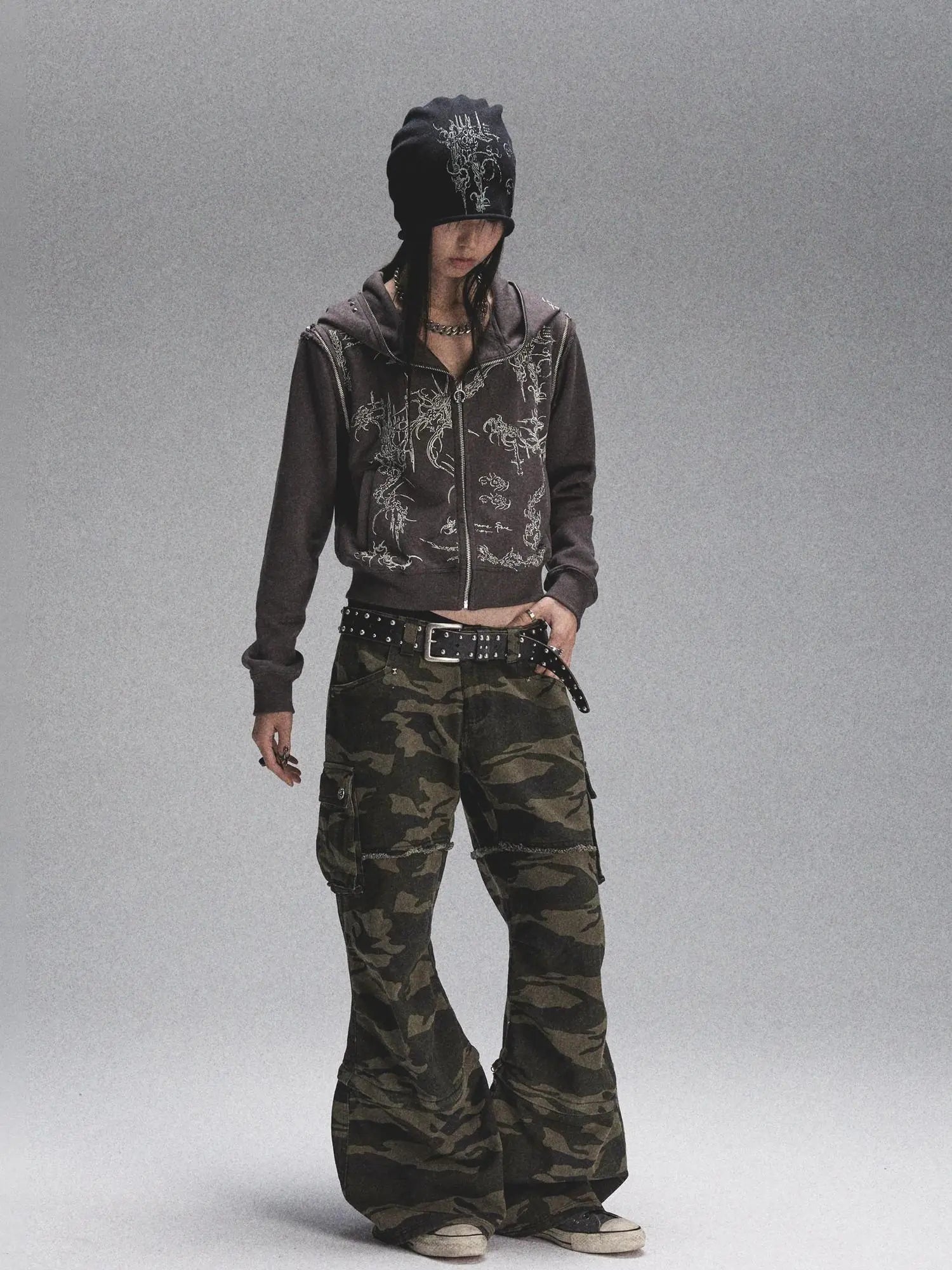 Tri Color Printed Knit Rolled Brim Slouchy Beanie