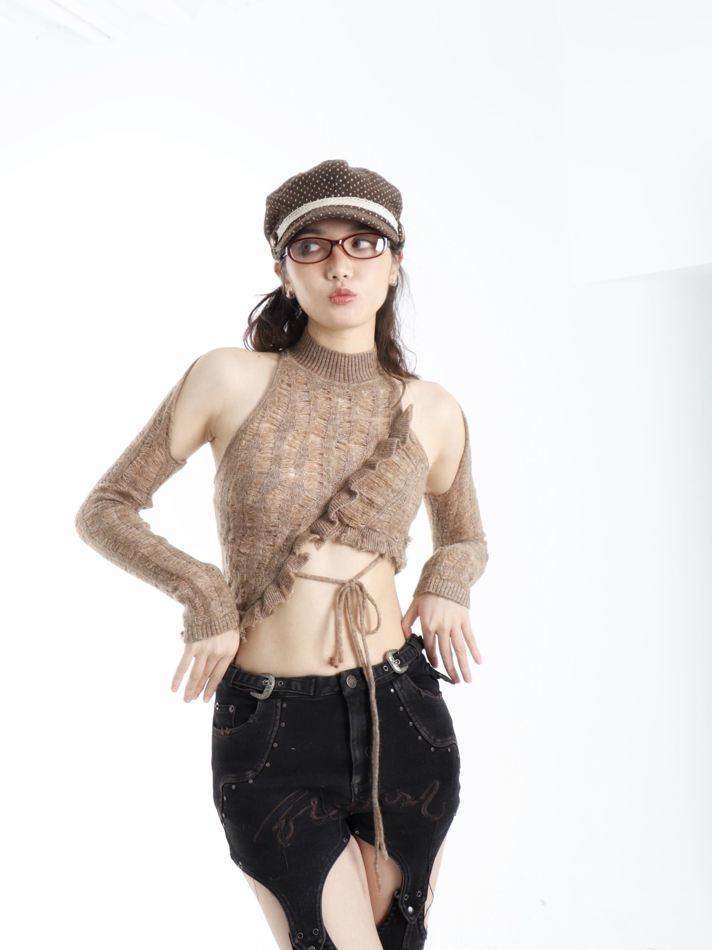 Flowers birds Market Tricolor Wool Knitted Hollow Top