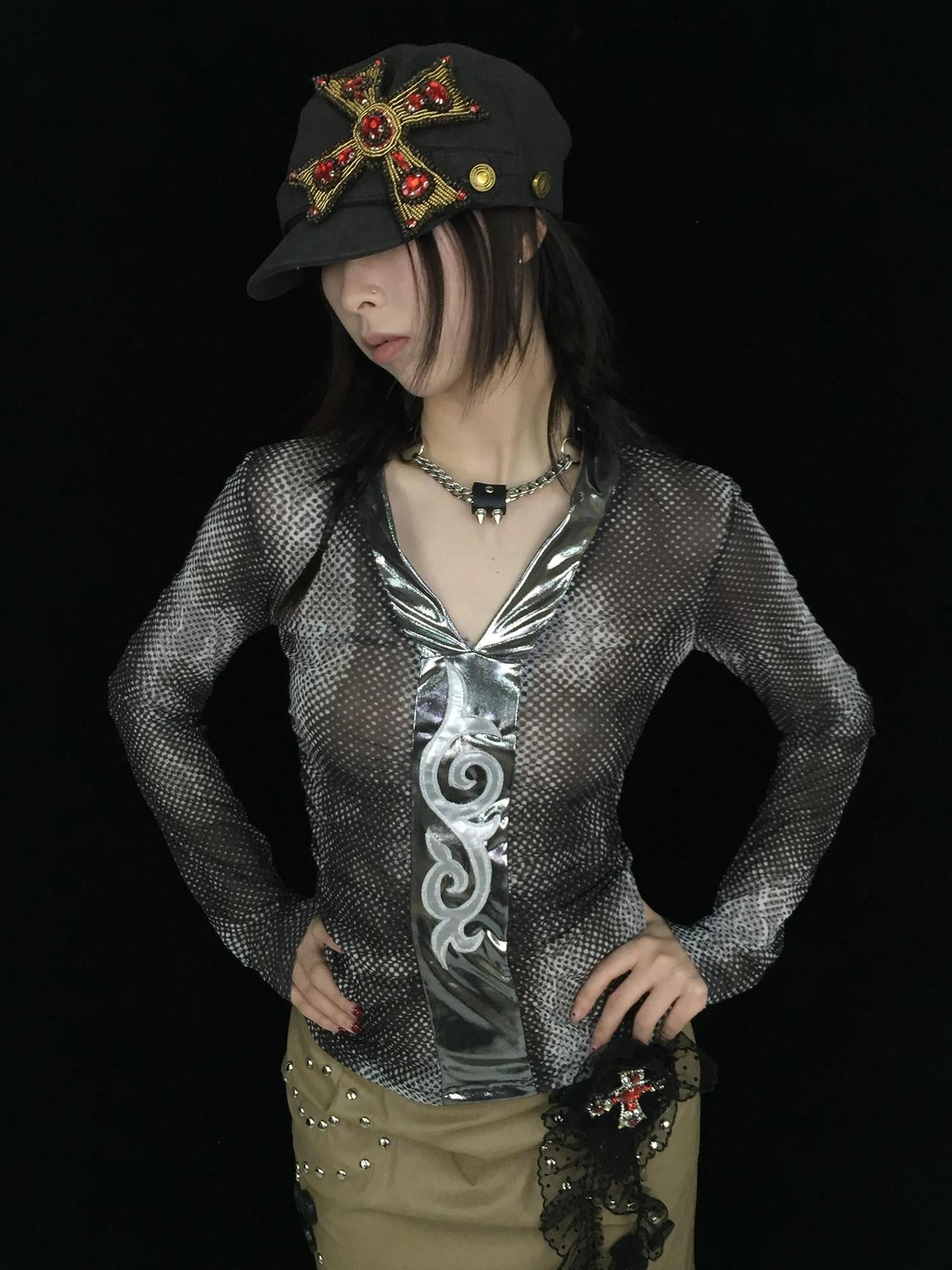 Ttsunami Black Polka Dot Spliced Totem V-neck Women&