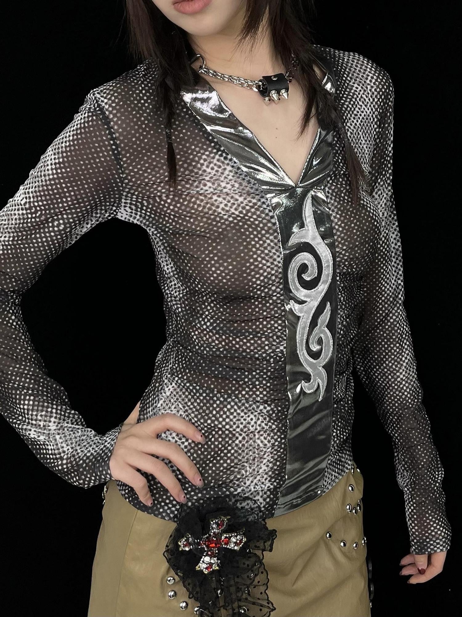 Ttsunami Black Polka Dot Spliced Totem V-neck Women&