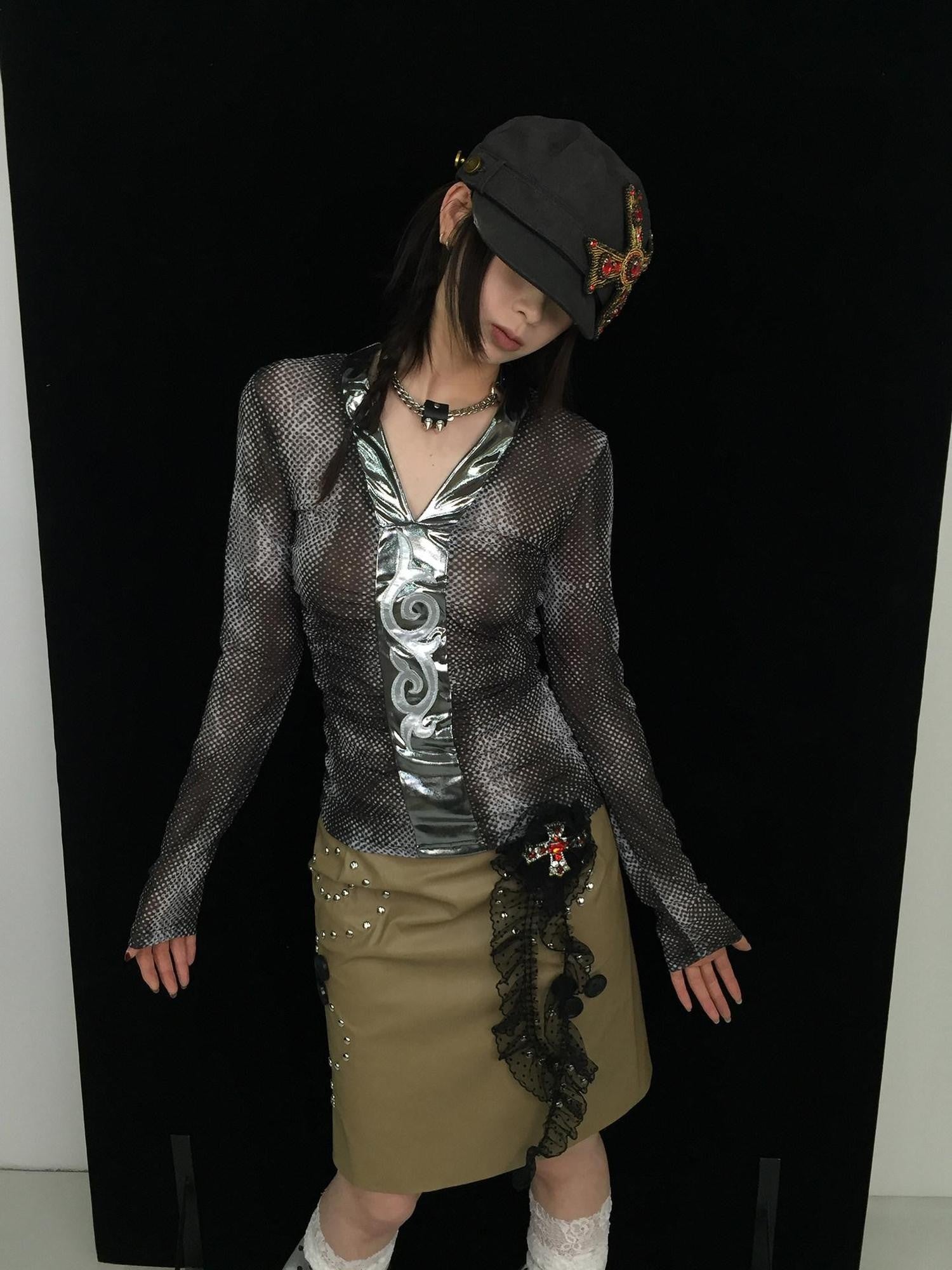 Ttsunami Black Polka Dot Spliced Totem V-neck Women&