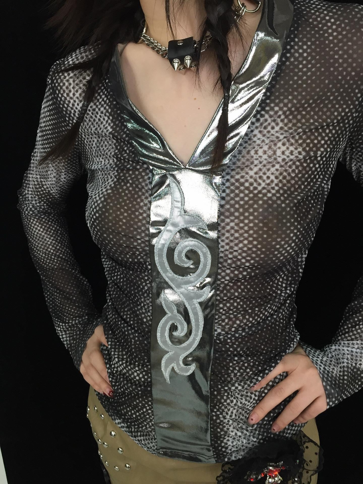 Ttsunami Black Polka Dot Spliced Totem V-neck Women&