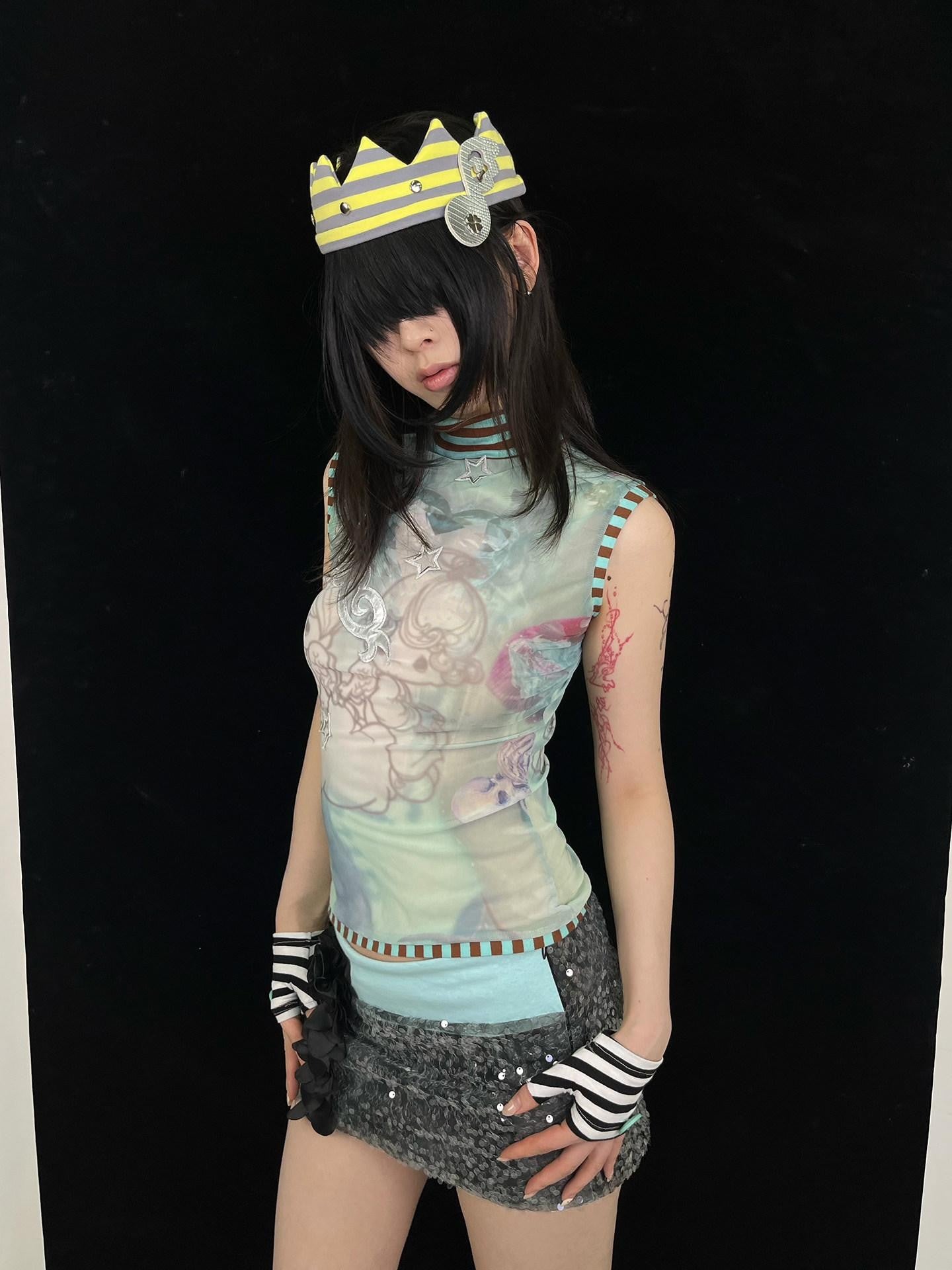 Ttsunami Blue Green Striped Mesh Print Half High Neck Women&