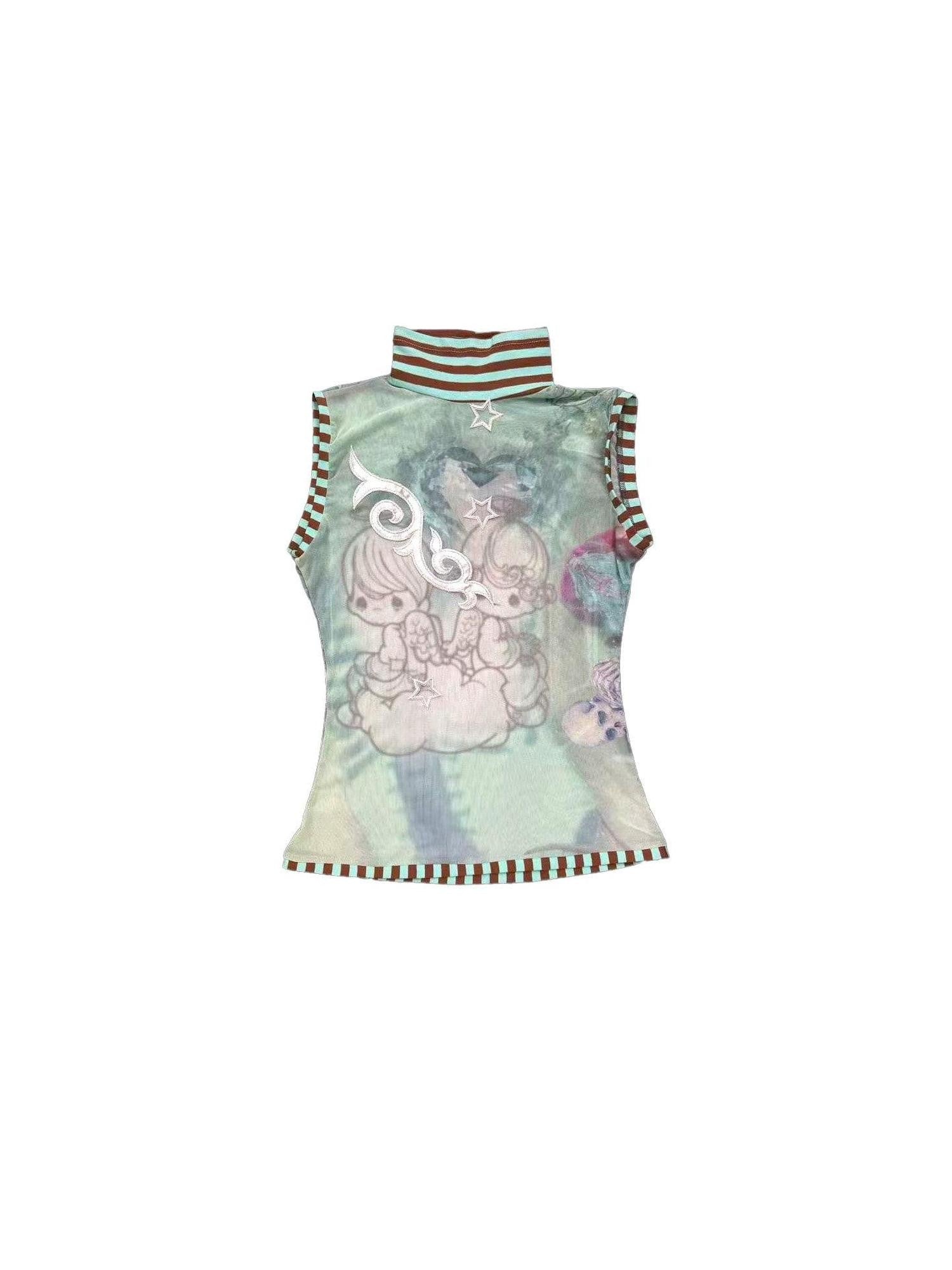 Ttsunami Blue Green Striped Mesh Print Half High Neck Women&