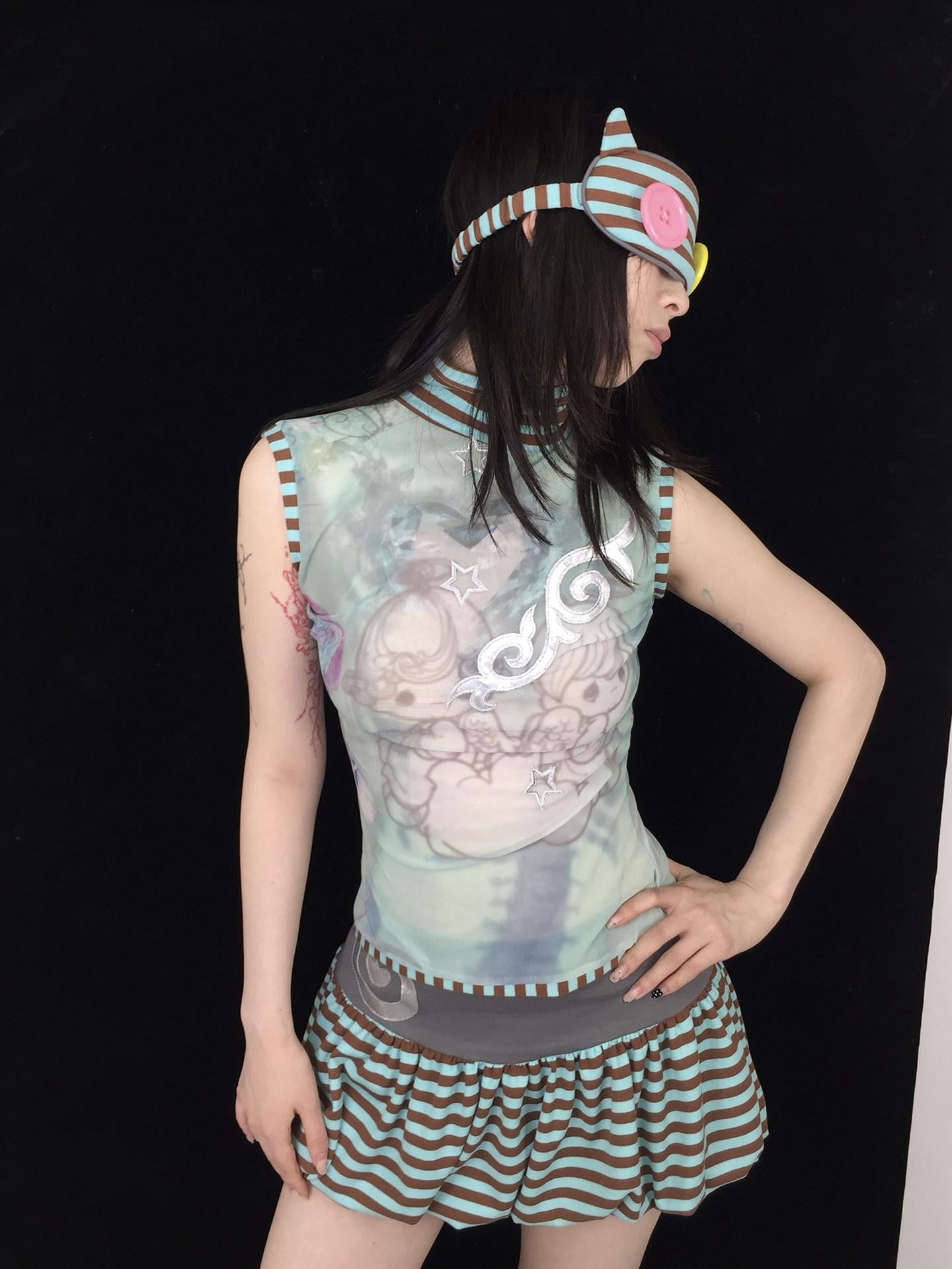 Ttsunami Blue Green Striped Mesh Print Half High Neck Women&