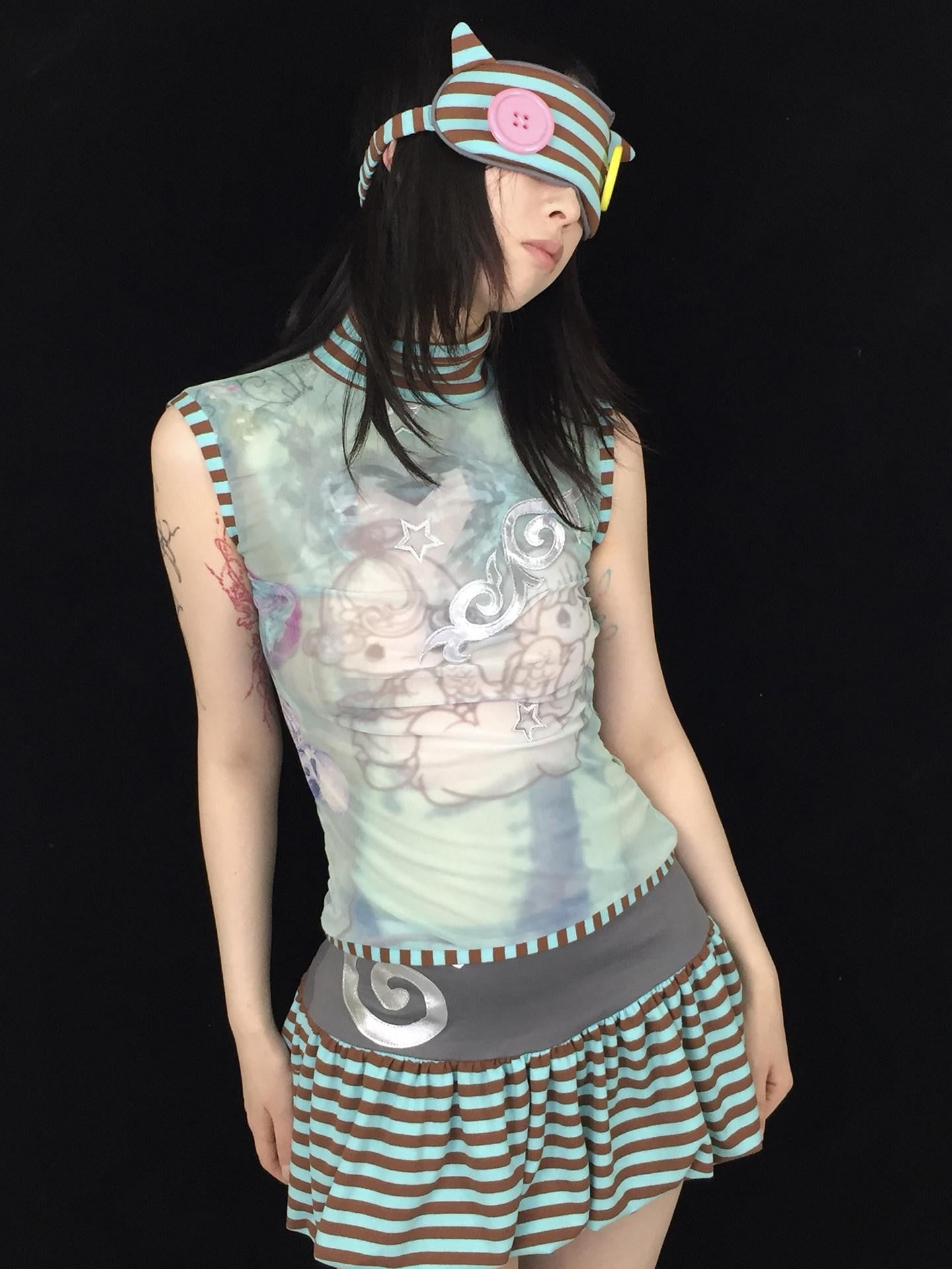 Ttsunami Blue Green Striped Mesh Print Half High Neck Women&