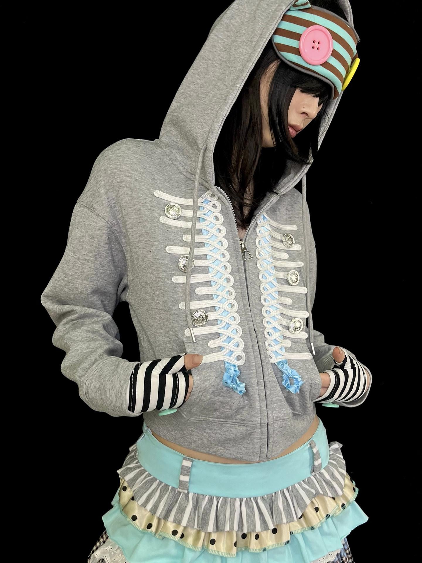 Ttsunami Gray Embroidered Frog Button Court Style Striped Women&