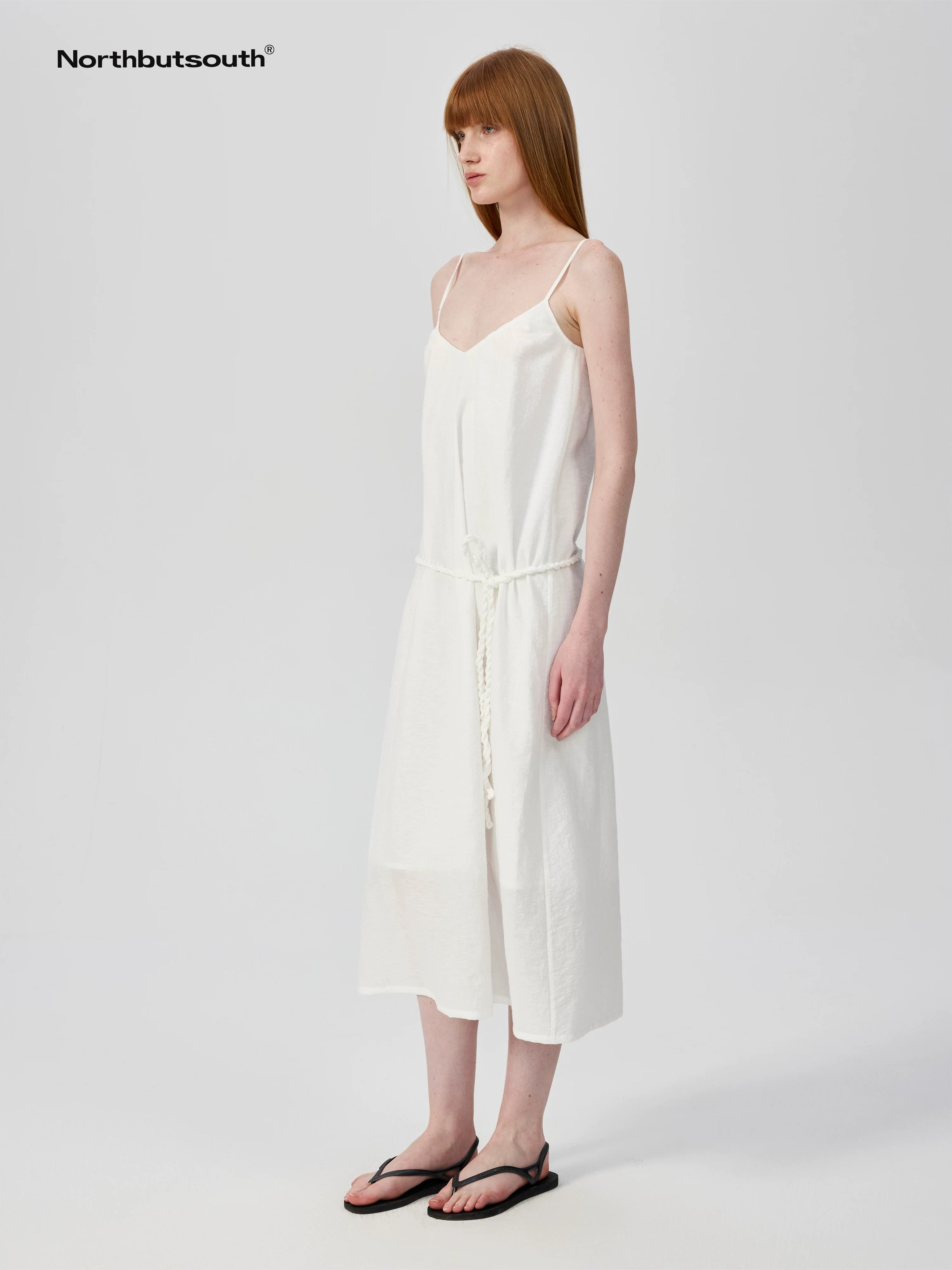Twist Knot V-Neck Adjustable Strap Textured Midi Dress