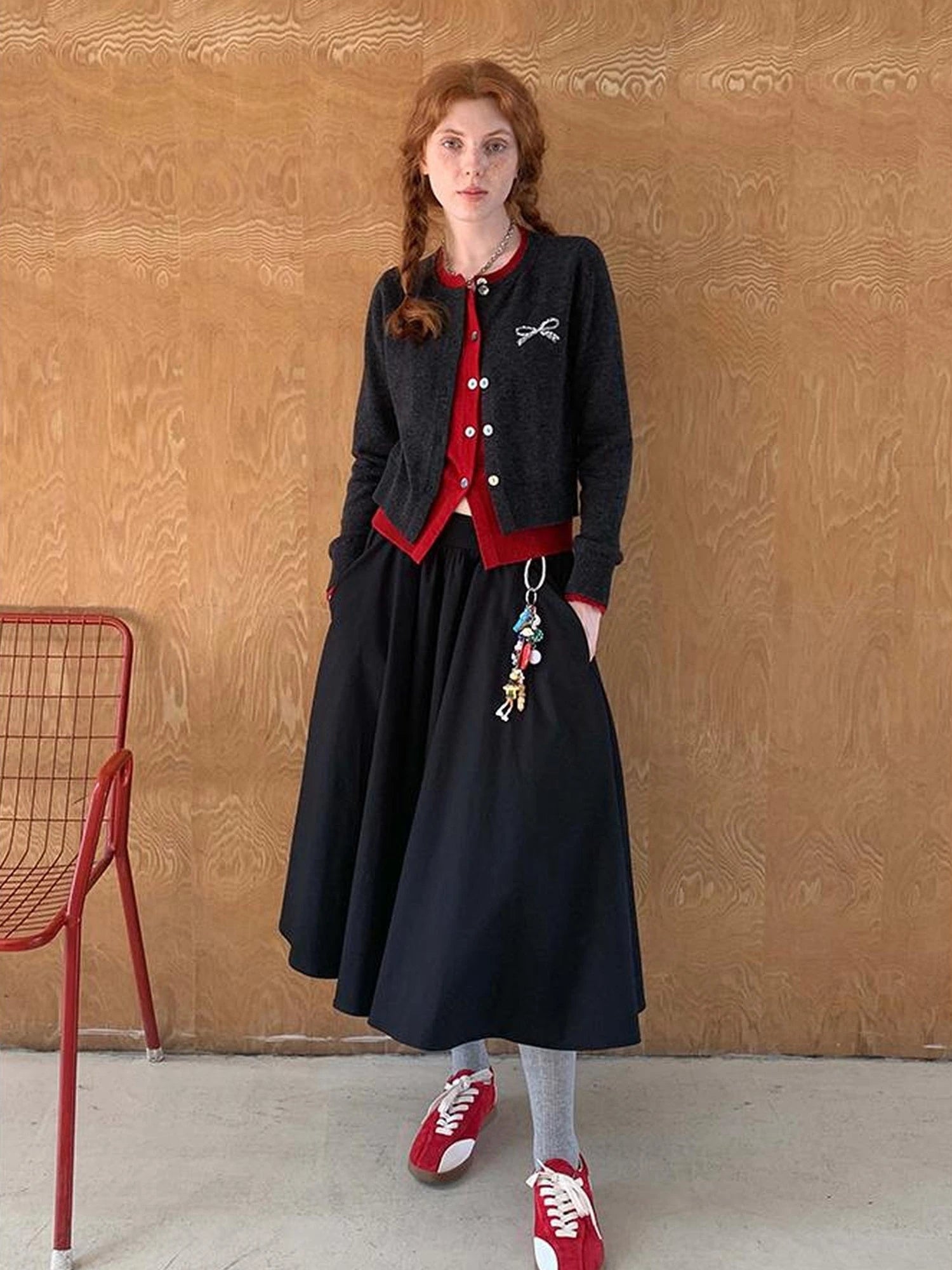 Two Tone Layered Bow Embroidered Cardigan