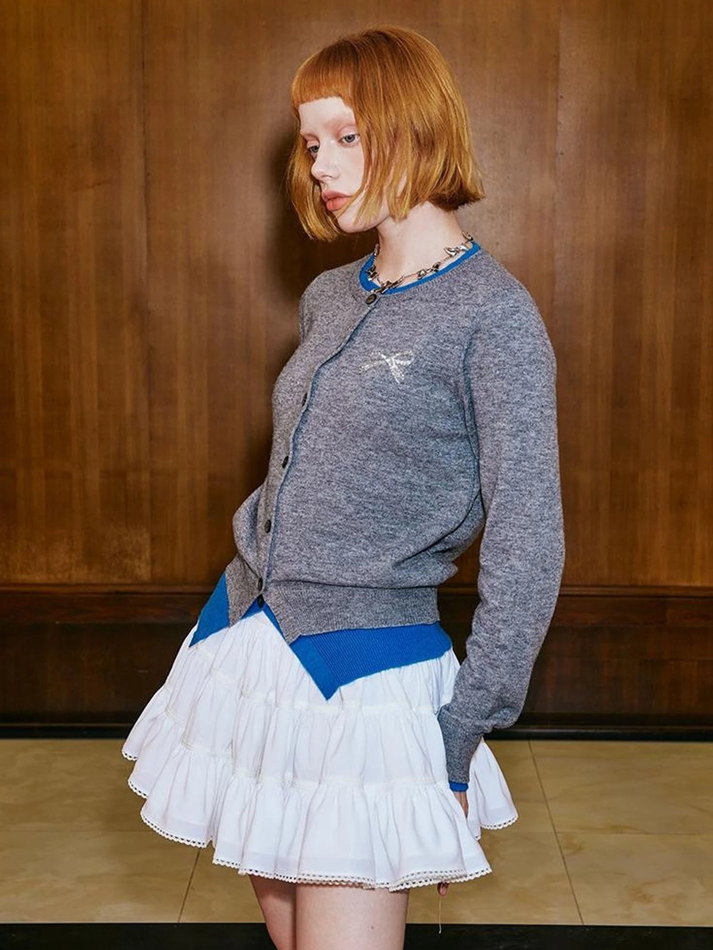 Two Tone Layered Bow Embroidered Cardigan