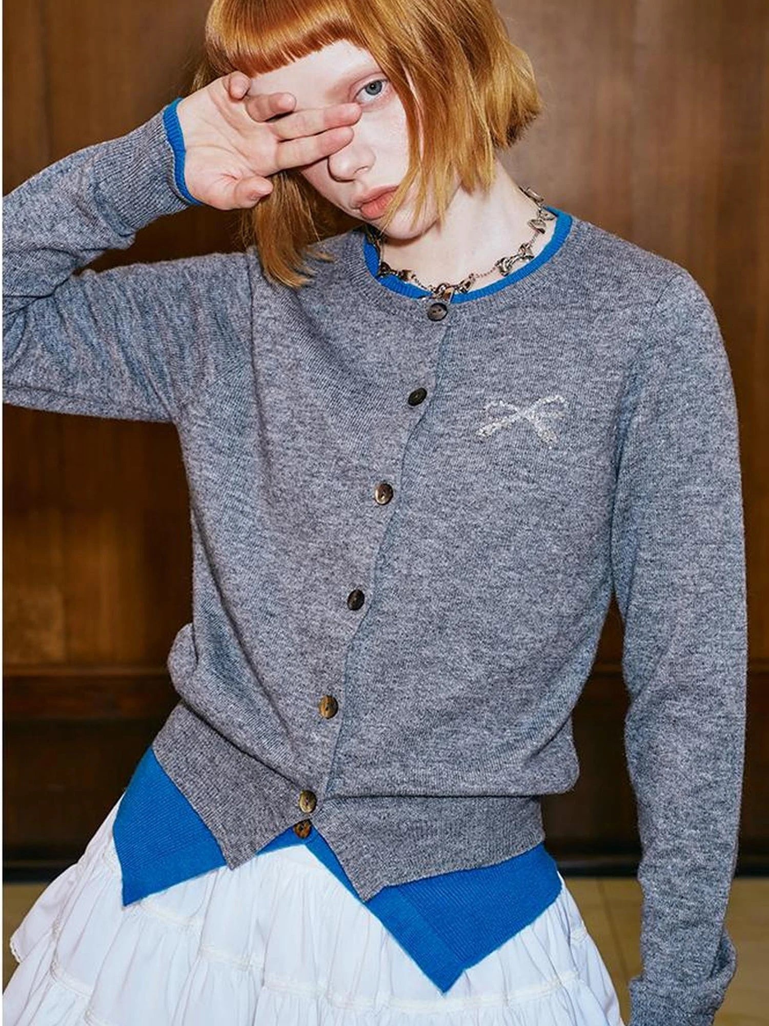 Two Tone Layered Bow Embroidered Cardigan