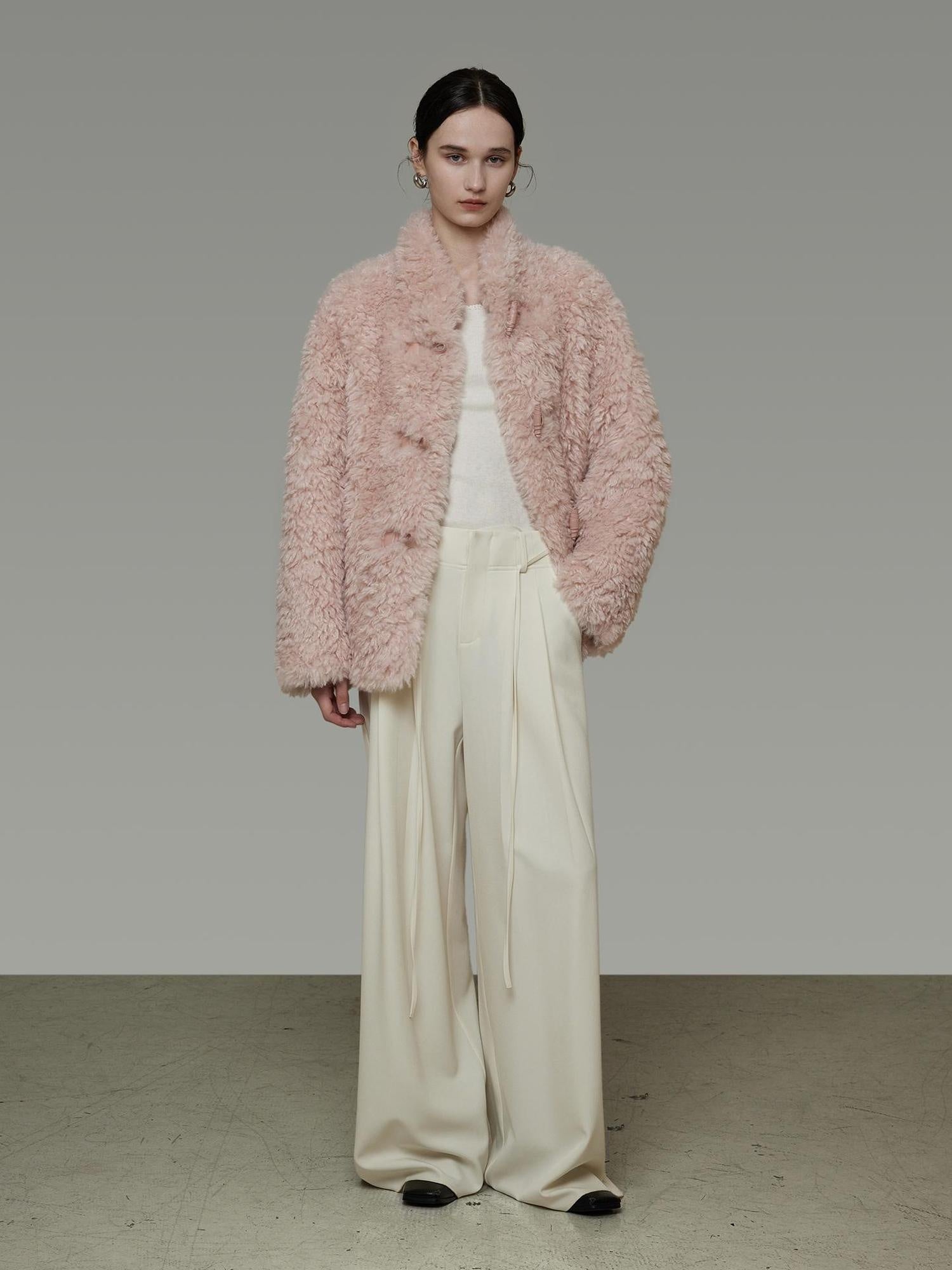 UNSPOKEN Cozy Warm Thick Loose Fit Stand Collar Fur Trim Round Hem Women Pink Jacket