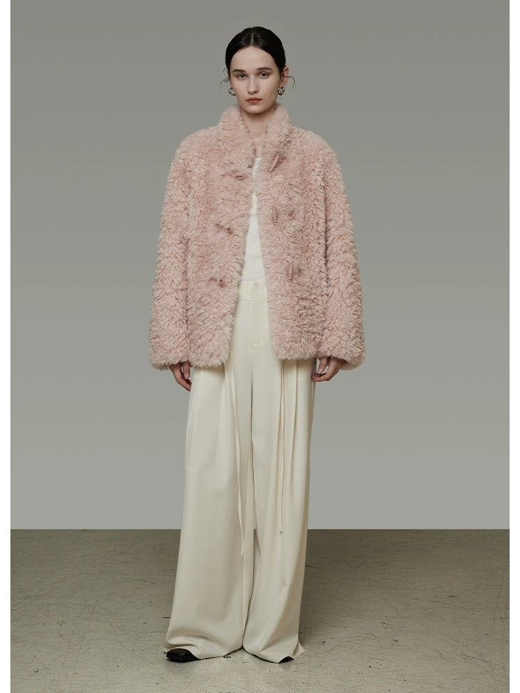 UNSPOKEN Cozy Warm Thick Loose Fit Stand Collar Fur Trim Round Hem Women Pink Jacket