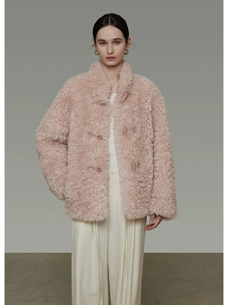 UNSPOKEN Cozy Warm Thick Loose Fit Stand Collar Fur Trim Round Hem Women Pink Jacket