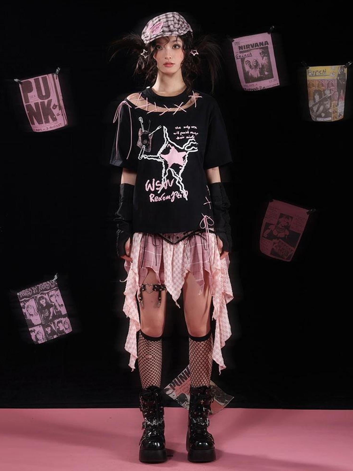 WSW WUSHENWU Unique Black Pink Asymmetrical Straps Asian Fit Tee