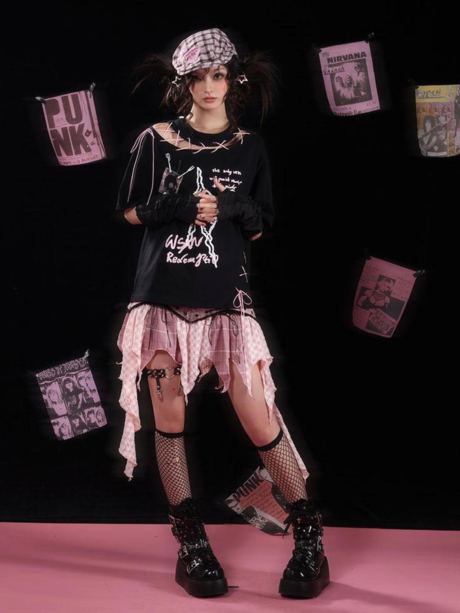 WSW WUSHENWU Unique Black Pink Asymmetrical Straps Asian Fit Tee